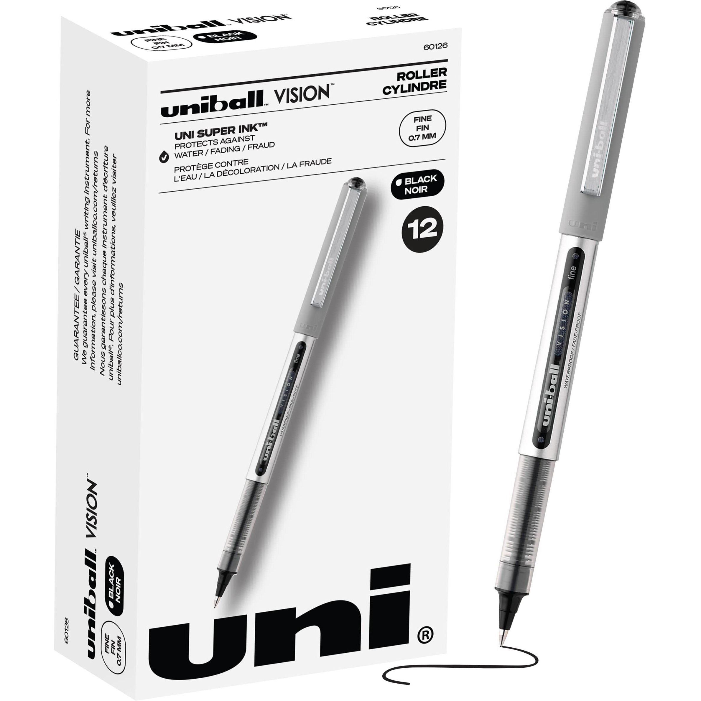 Uniball Vision Rollerball Pens, Black Pens Pack Of 12 - 0.7Mm Fine Point Medium Black Ink - Teacher Pen, Japanese Pens, Smooth Writing Pens, Journaling Pens, School & Office Supplies