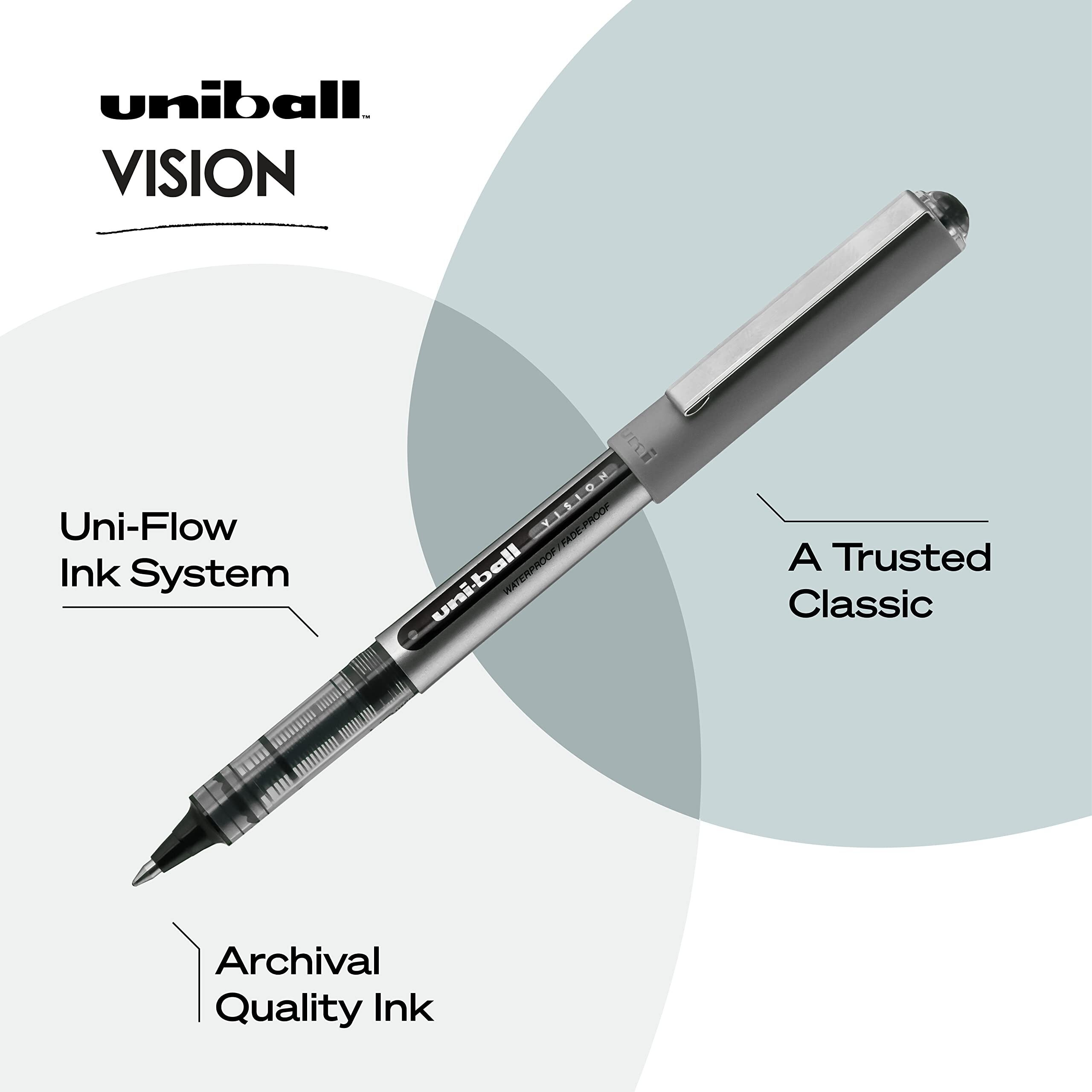 Uniball Vision Rollerball Pens, Black Pens Pack Of 12 - 0.7Mm Fine Point Medium Black Ink - Teacher Pen, Japanese Pens, Smooth Writing Pens, Journaling Pens, School & Office Supplies