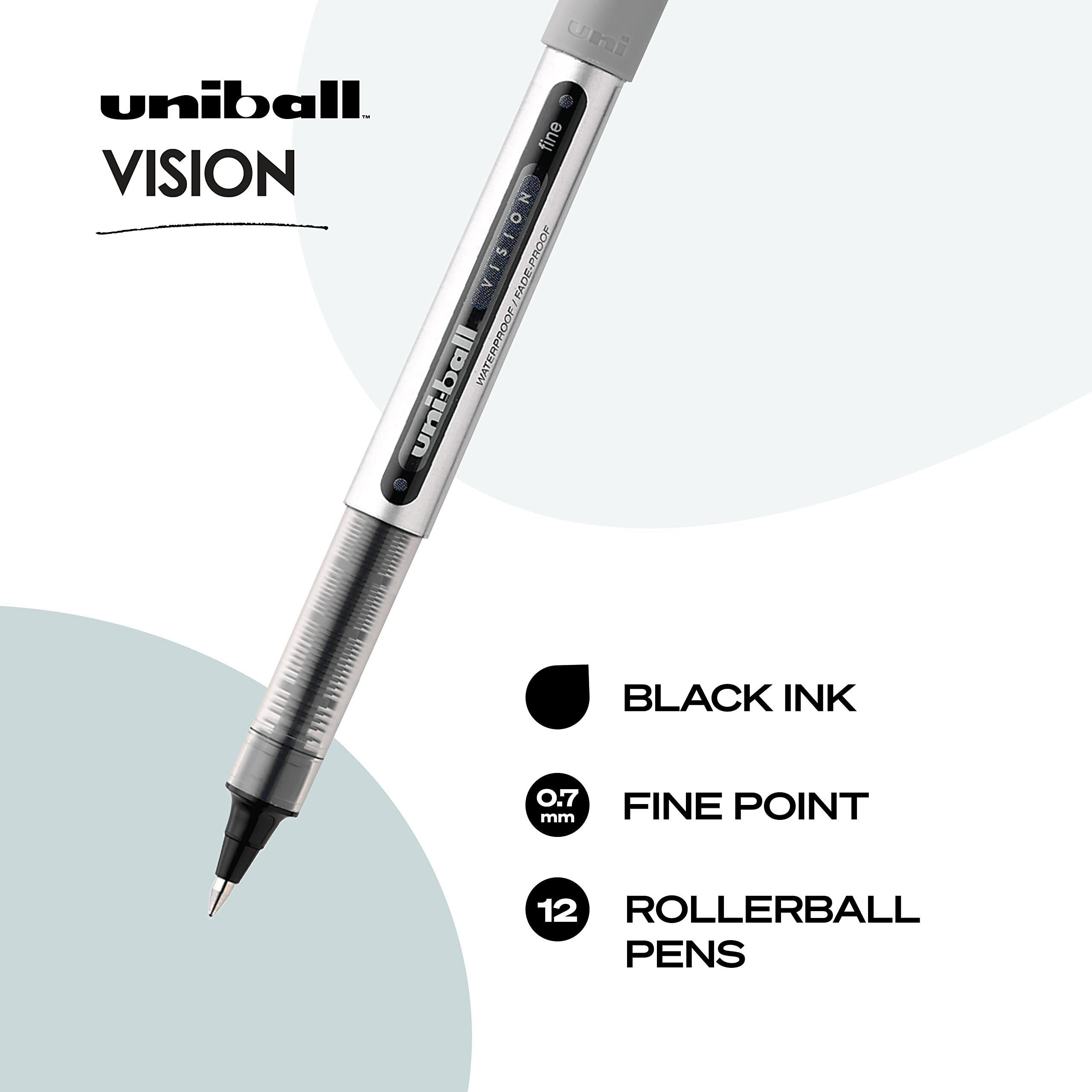 Uniball Vision Rollerball Pens, Black Pens Pack Of 12 - 0.7Mm Fine Point Medium Black Ink - Teacher Pen, Japanese Pens, Smooth Writing Pens, Journaling Pens, School & Office Supplies