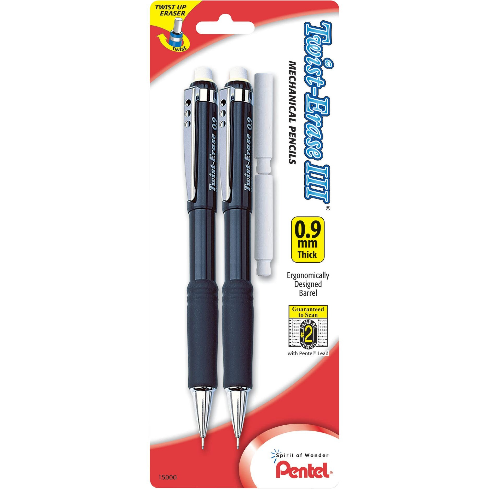 Pentel Twist-Erase Iii Mechanical Pencils, 0.9 Mm, Assorted Barrel Colors, Pack Of 2 Pencils