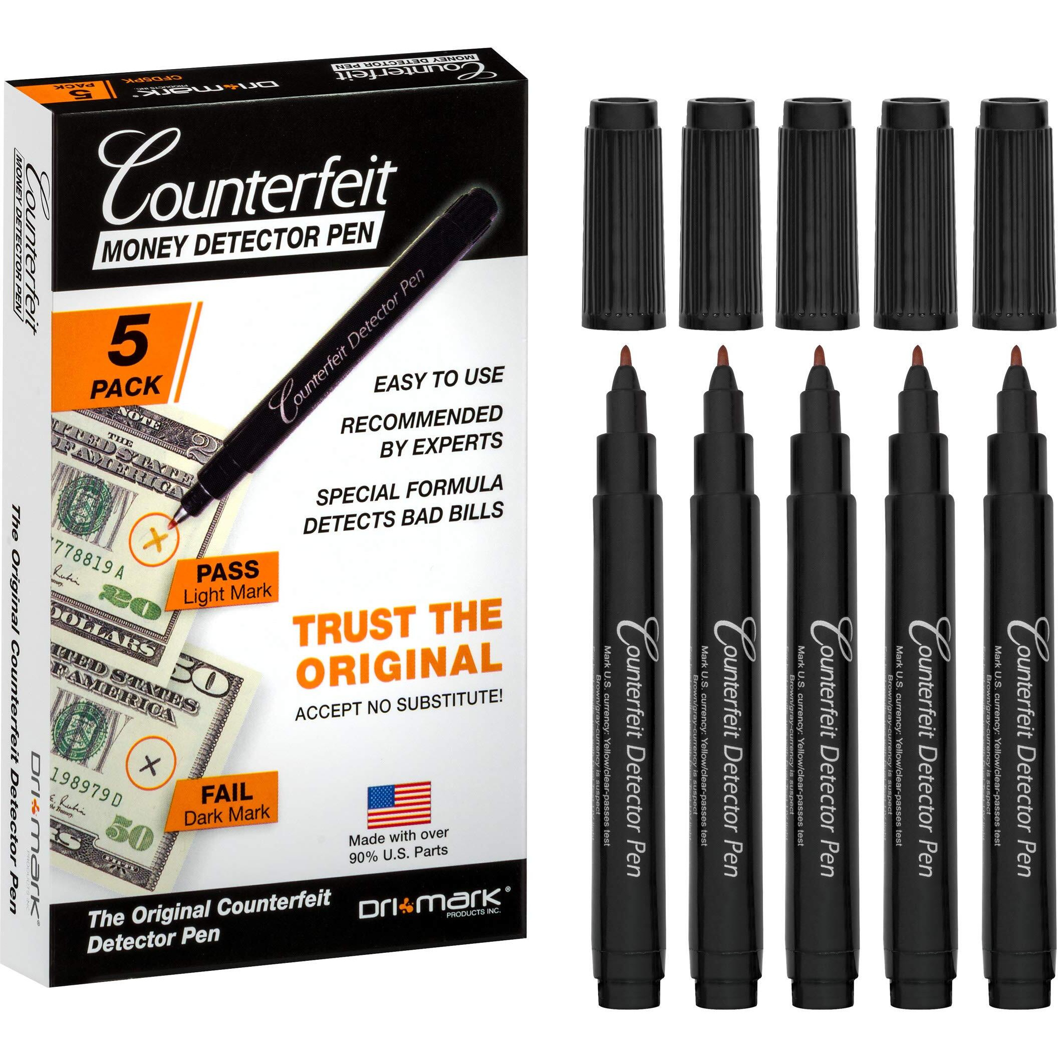 Dri Mark Cfd5Pk Counterfeit Bill Detector Marker Pen, Made In The Usa, 3 Times More Ink, Pocket Size, Fake Money Checker - Money Loss Prevention Tester & Fraud Protection For U.S. Currency (Pack Of 5)