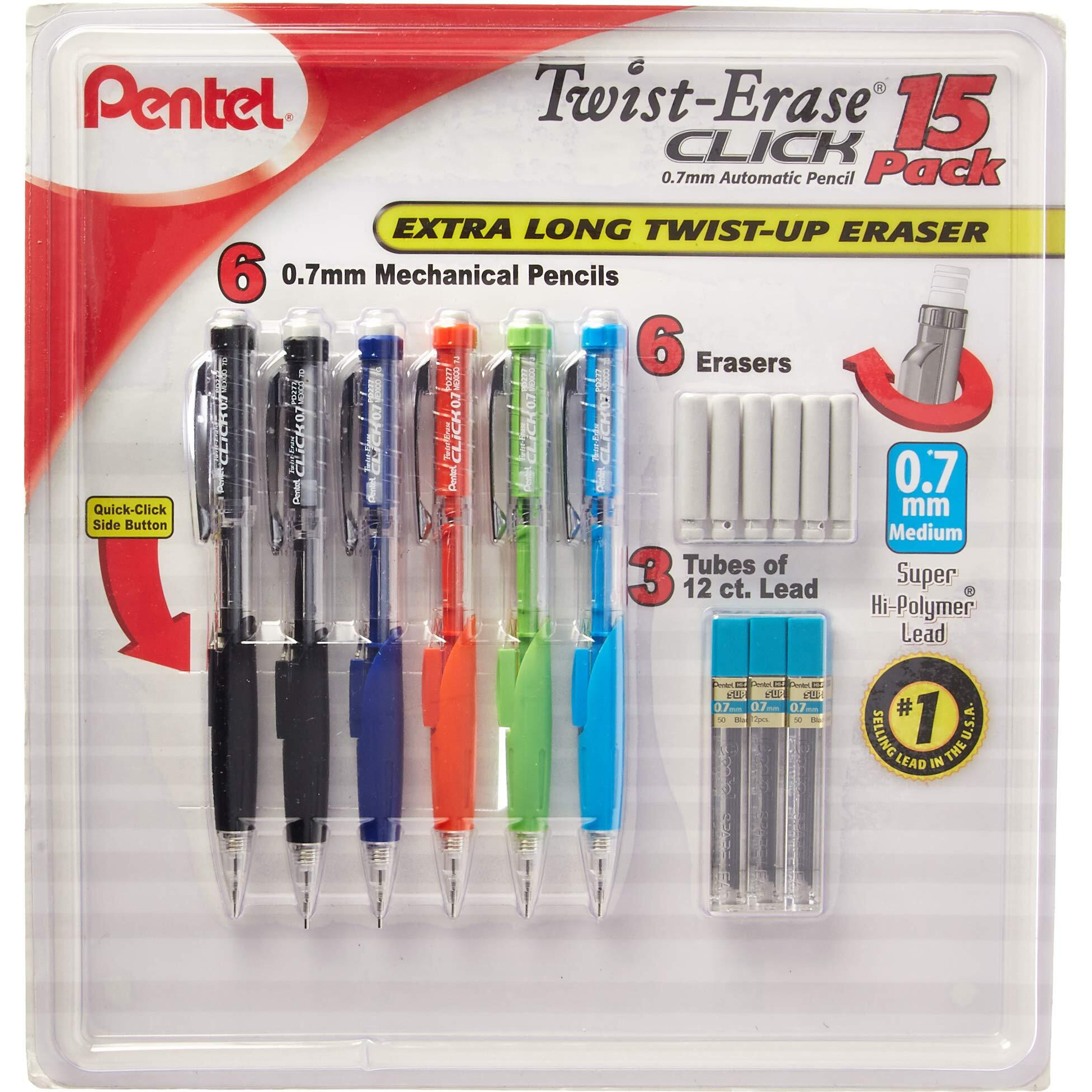 Pentel Twist-Erase Click Mechanical Pencil Set - 6 Mechanical Pencils, 6 Extra Erasers, 3 Tubes Of Lead Refills