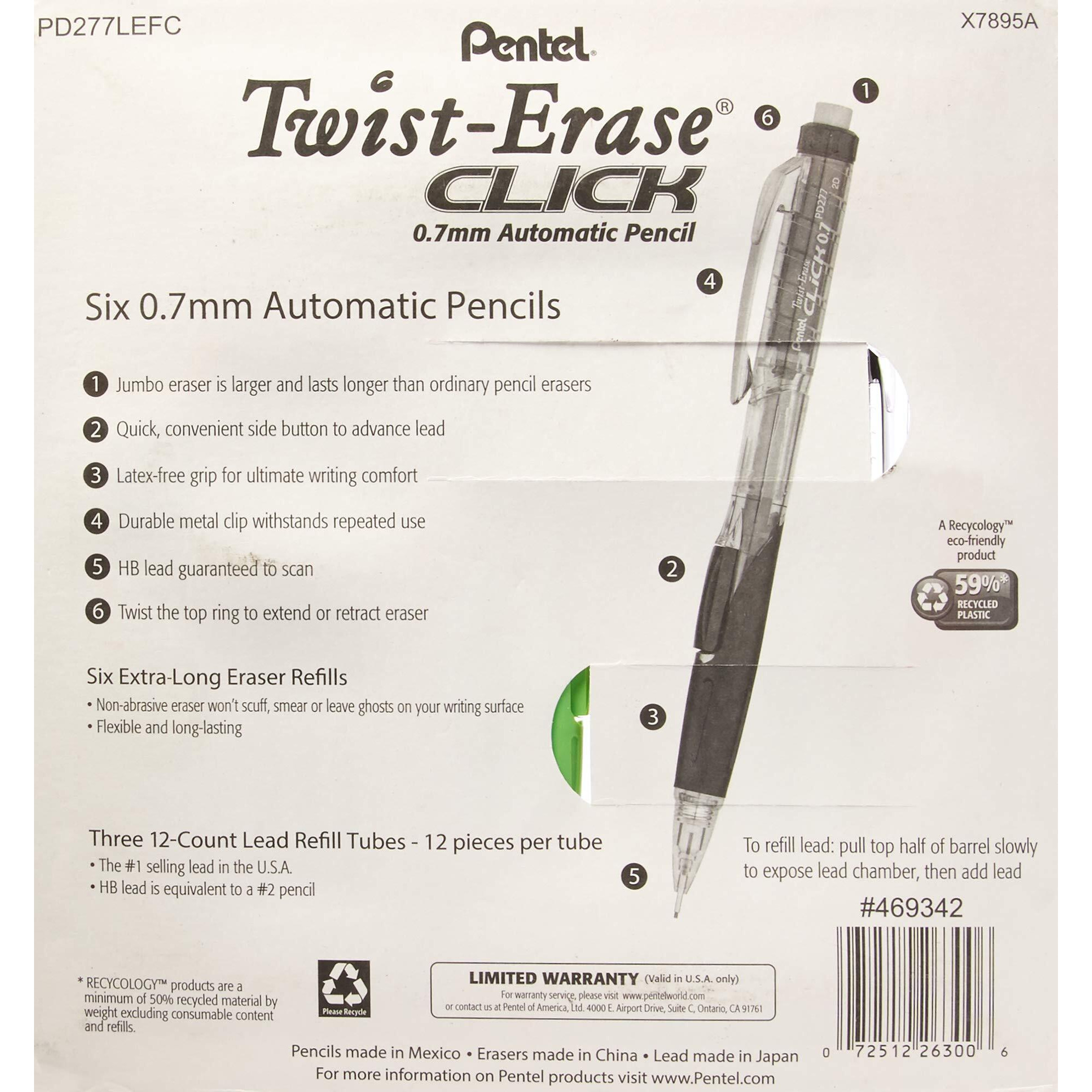 Pentel Twist-Erase Click Mechanical Pencil Set - 6 Mechanical Pencils, 6 Extra Erasers, 3 Tubes Of Lead Refills