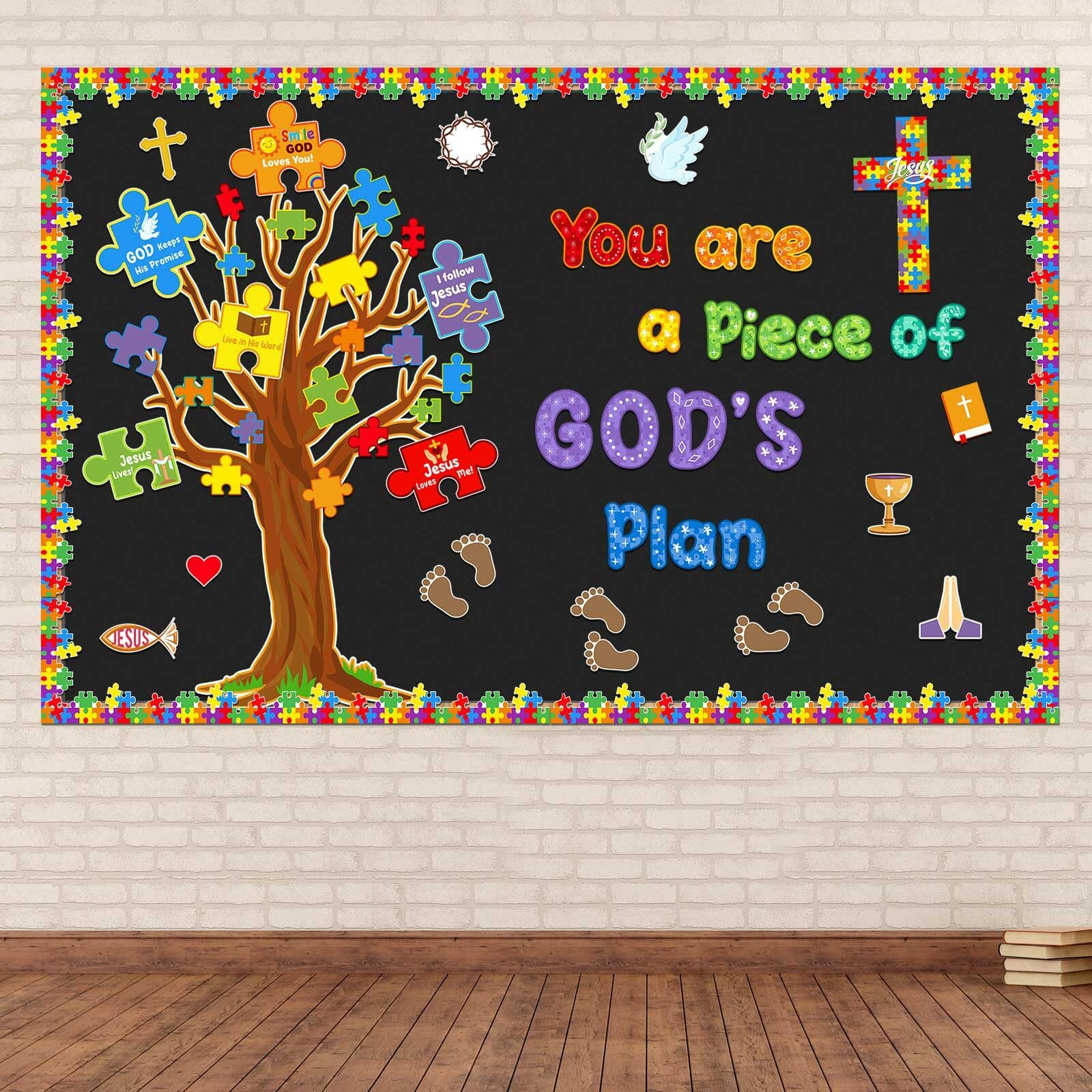 Pasimy 70 Pcs Christian Classroom Decorations Religious Bulletin Board Set Piece Of God's Plan Cutouts Bible Verse Decor Jesus Puzzle Piece For Home Sunday School Wall Door Party Supplies (White)