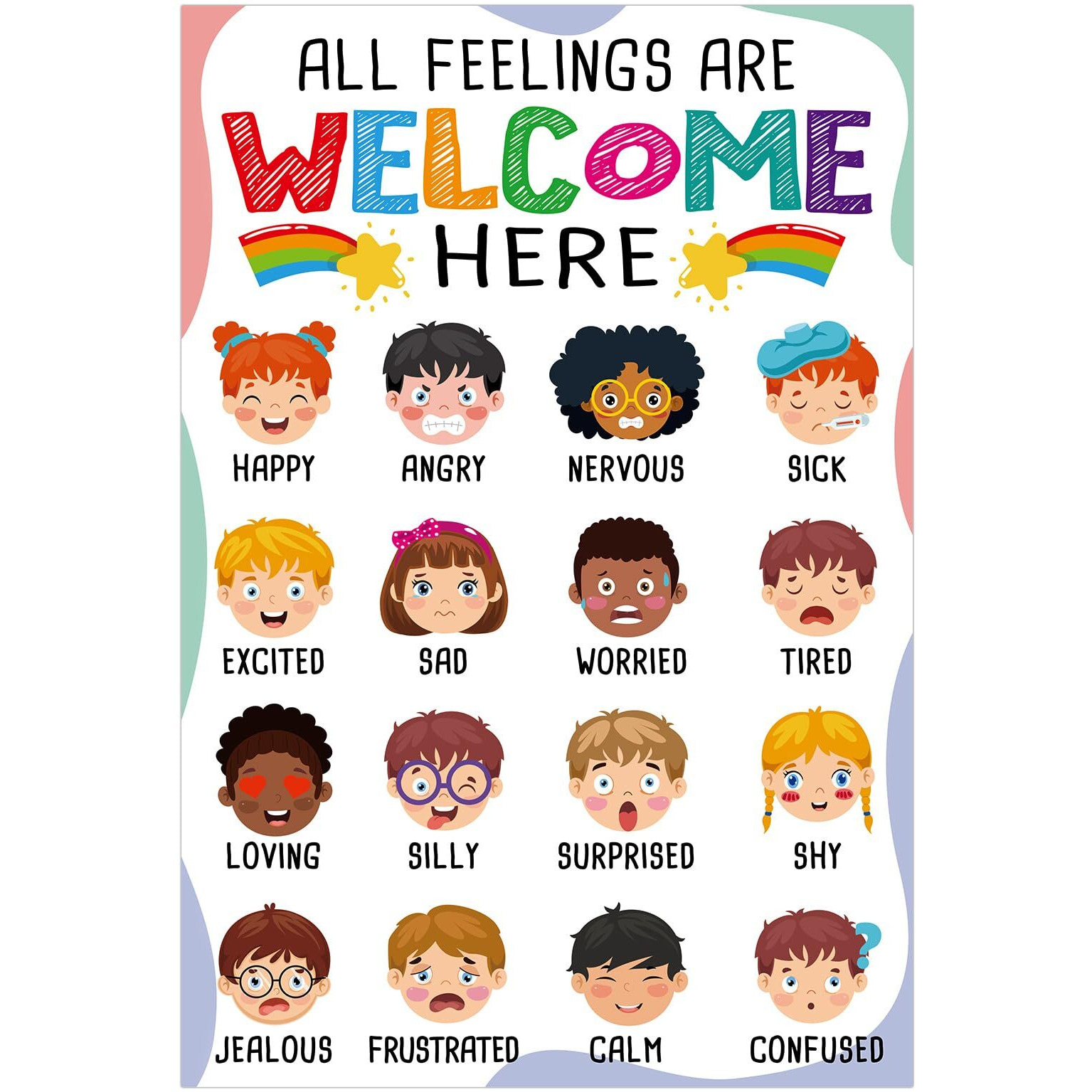 Flyab Feelings Chart Poster For Kids - Emotions Chart Learning Poster For Toddlers Kids Feelings Poster Educational Poster For Bulletin Board Back To School Teacher Supplies