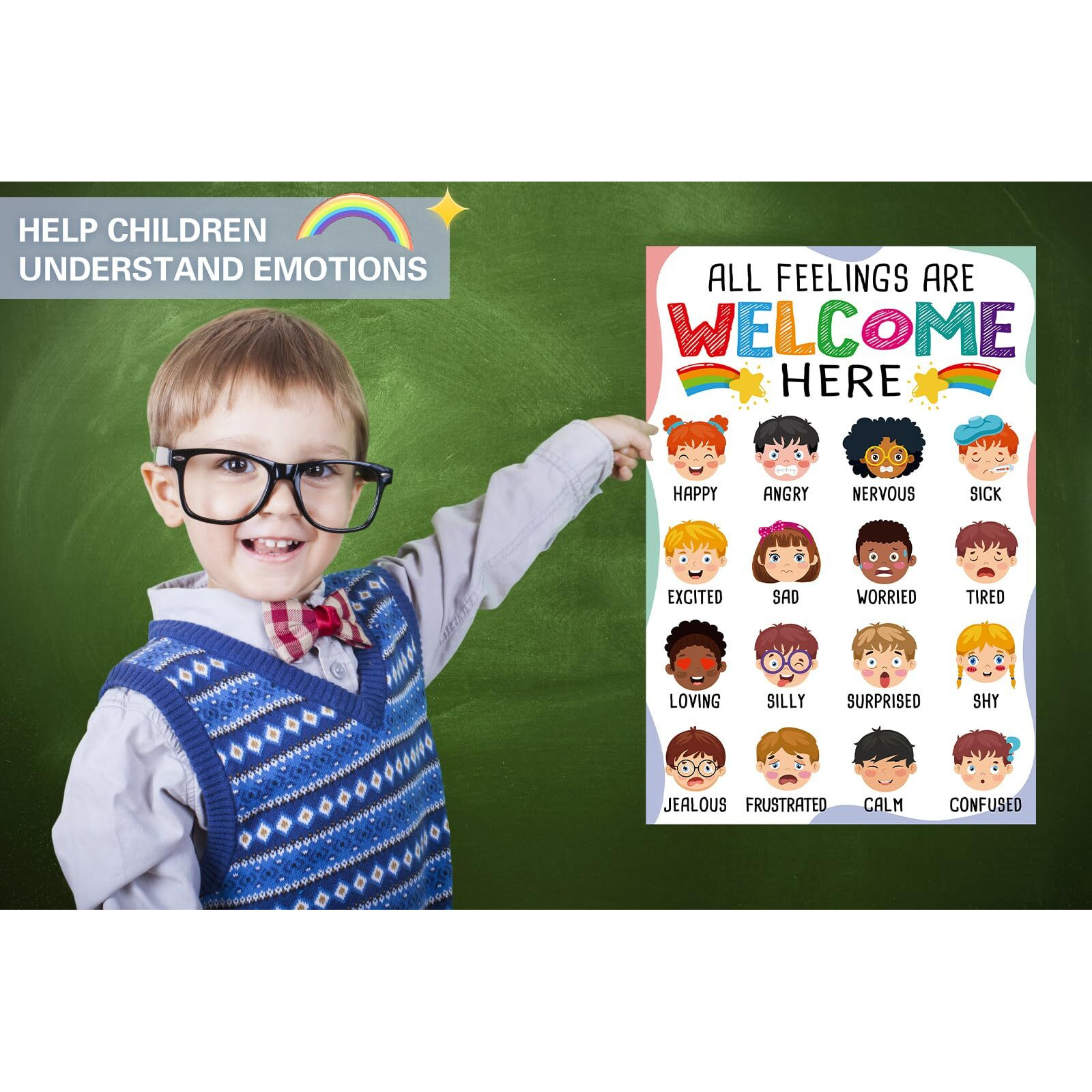 Flyab Feelings Chart Poster For Kids - Emotions Chart Learning Poster For Toddlers Kids Feelings Poster Educational Poster For Bulletin Board Back To School Teacher Supplies