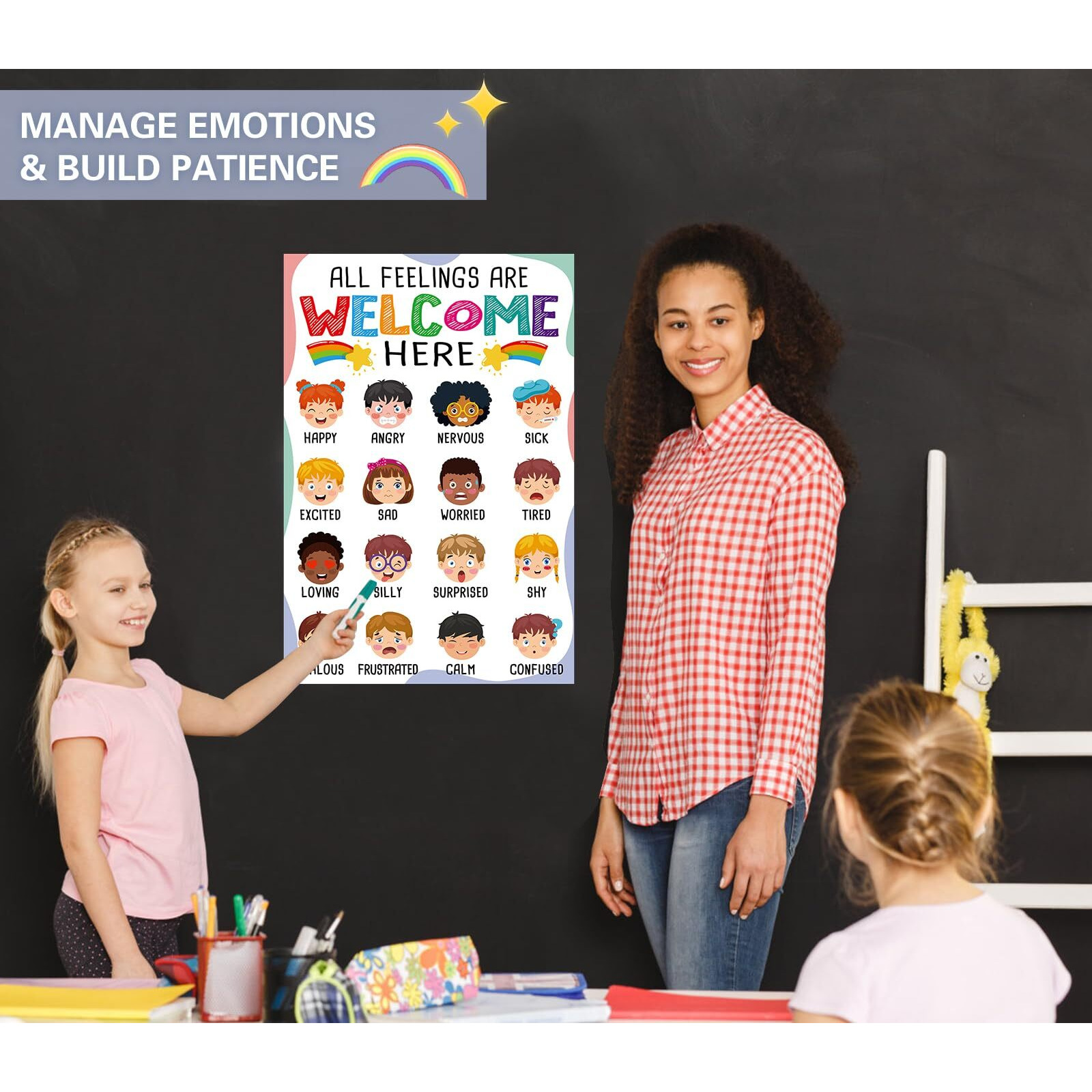 Flyab Feelings Chart Poster For Kids - Emotions Chart Learning Poster For Toddlers Kids Feelings Poster Educational Poster For Bulletin Board Back To School Teacher Supplies