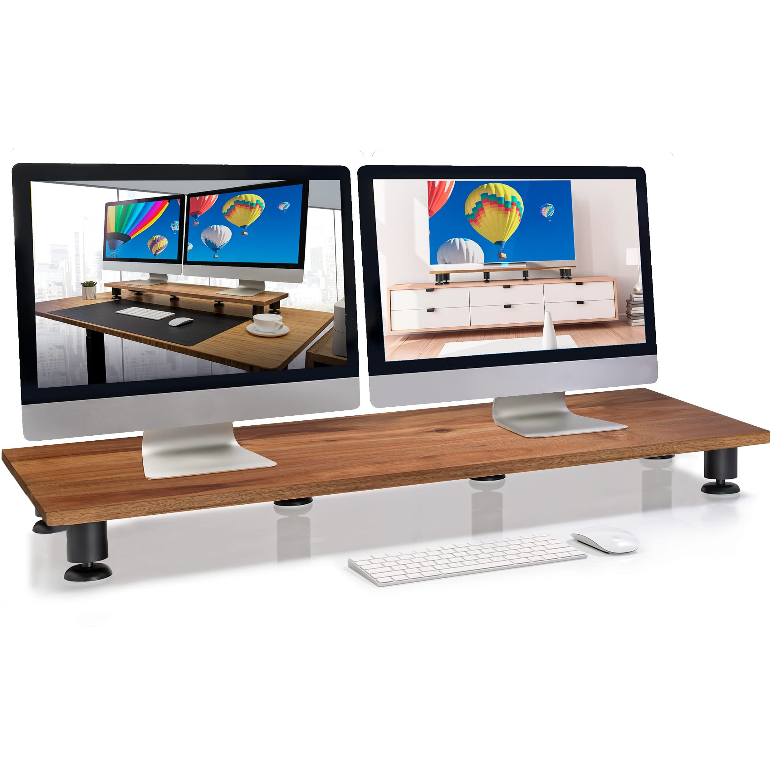 Nordik Large Dual Monitor Riser For 2 - Premium Handmade Hardwood Acacia Computer - Laptop Tv Stand With Storage For Desk Accessories - Organizer Television