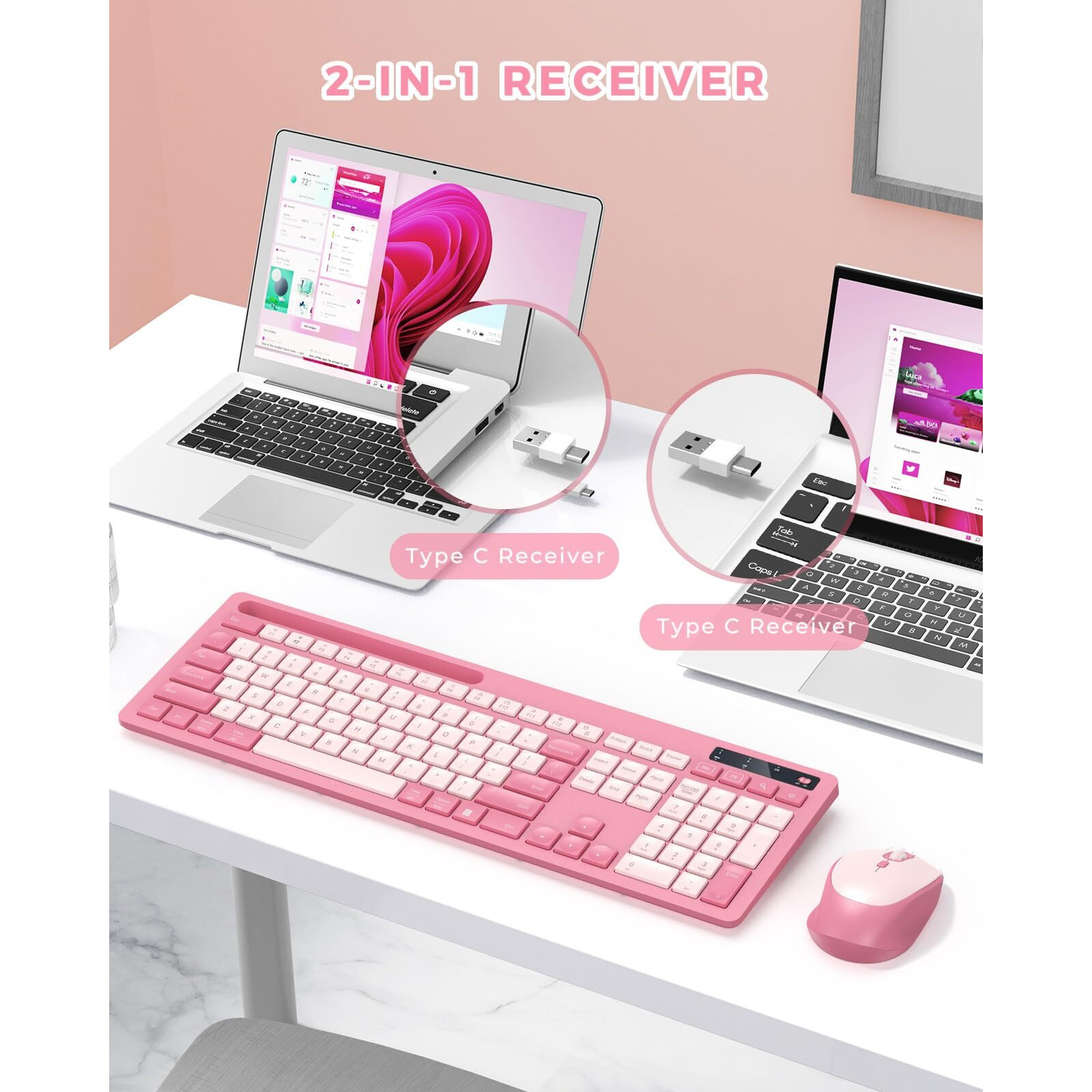 Wireless Keyboard And Mouse Set Rose Pink, Vivefox Wireless Keyboard With Phone Holder, Usb A & Type C Cute Keyboard And Mouse Compatible For Mac, Macbook/Air/Pro Windows Computer Heartbreaker Rose