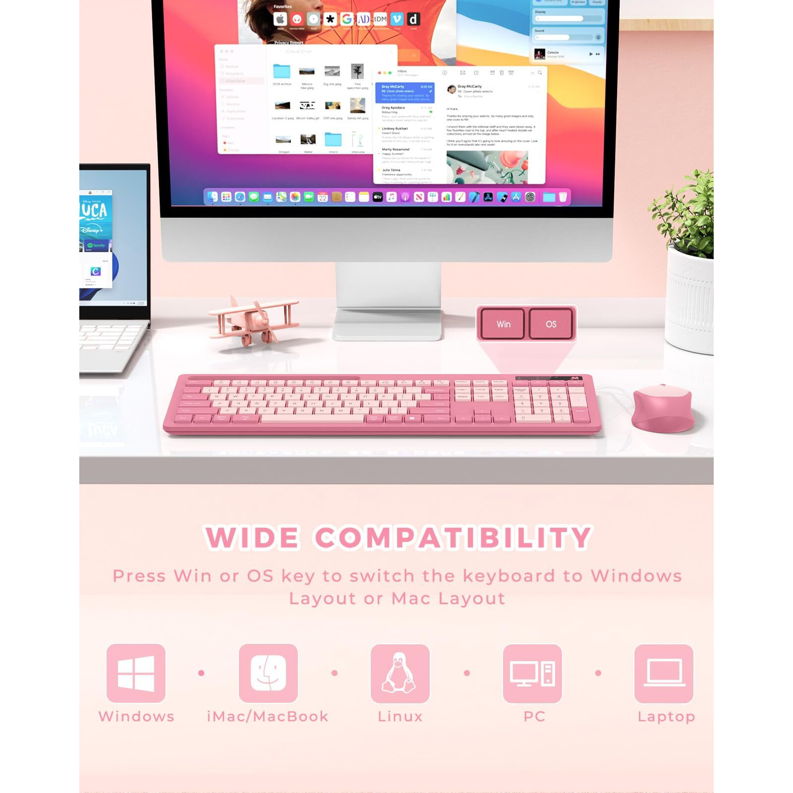 Wireless Keyboard And Mouse Set Rose Pink, Vivefox Wireless Keyboard With Phone Holder, Usb A & Type C Cute Keyboard And Mouse Compatible For Mac, Macbook/Air/Pro Windows Computer Heartbreaker Rose