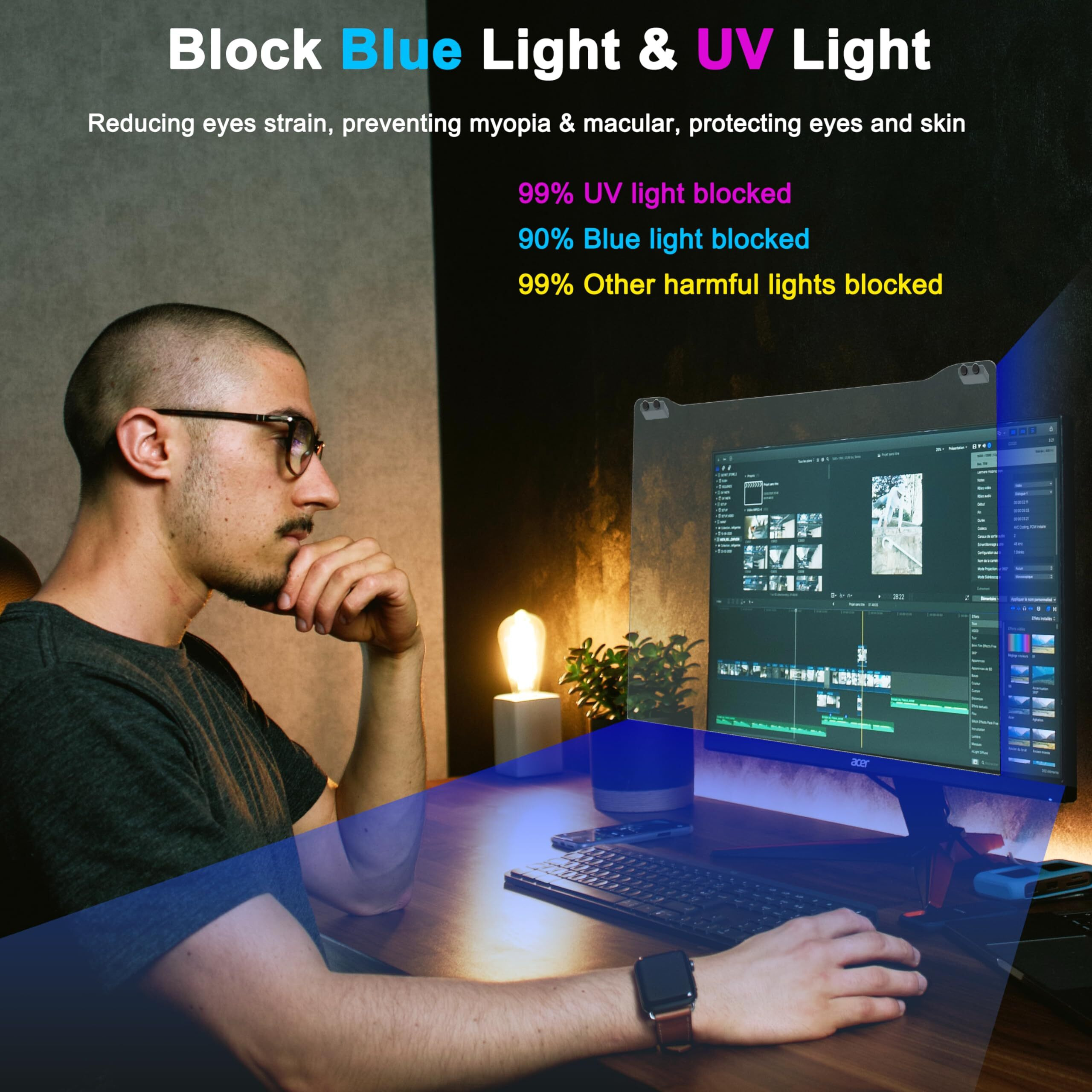 Zyy 30-32 Inch Anti Blue Light Screen Protector For Diagonal 30,31.5,32 Monitor, Desktop Pc Uv Blocking Filter (W 28 1/4 X H 16 9/16) For Eye Strain, Hanging Computer Screen Blue Light Blocker