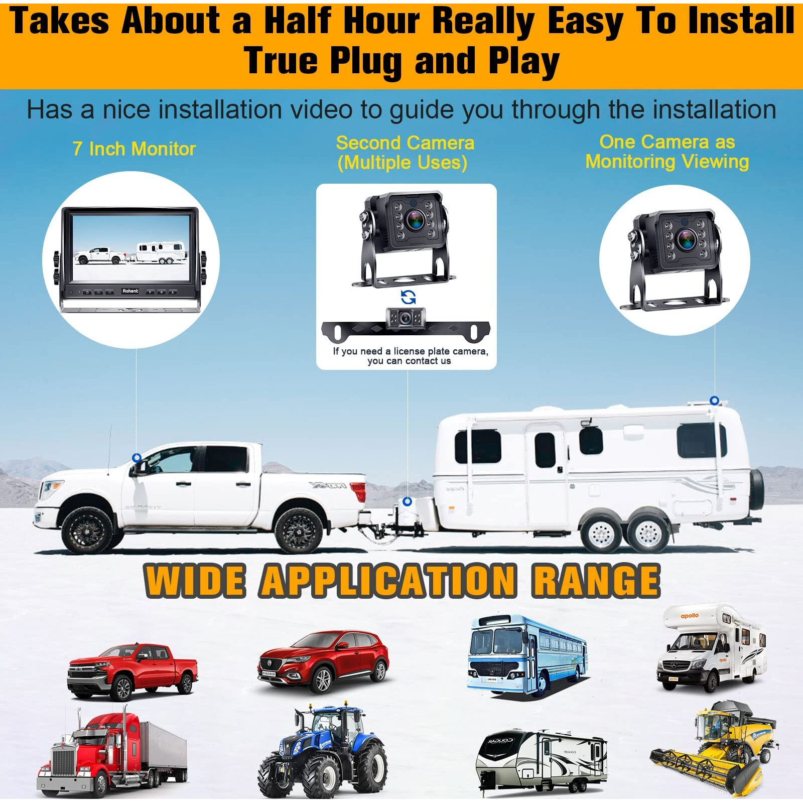 Dual Rv Backup Camera System Upgraded No Lag Easy Installation Plug And Play 7" Monitor Hd 1080P Rear View Camera Wired Kit Ip69 Waterproof Ir Crystal Night Vision For Truck Trailer Camper Tractor R4