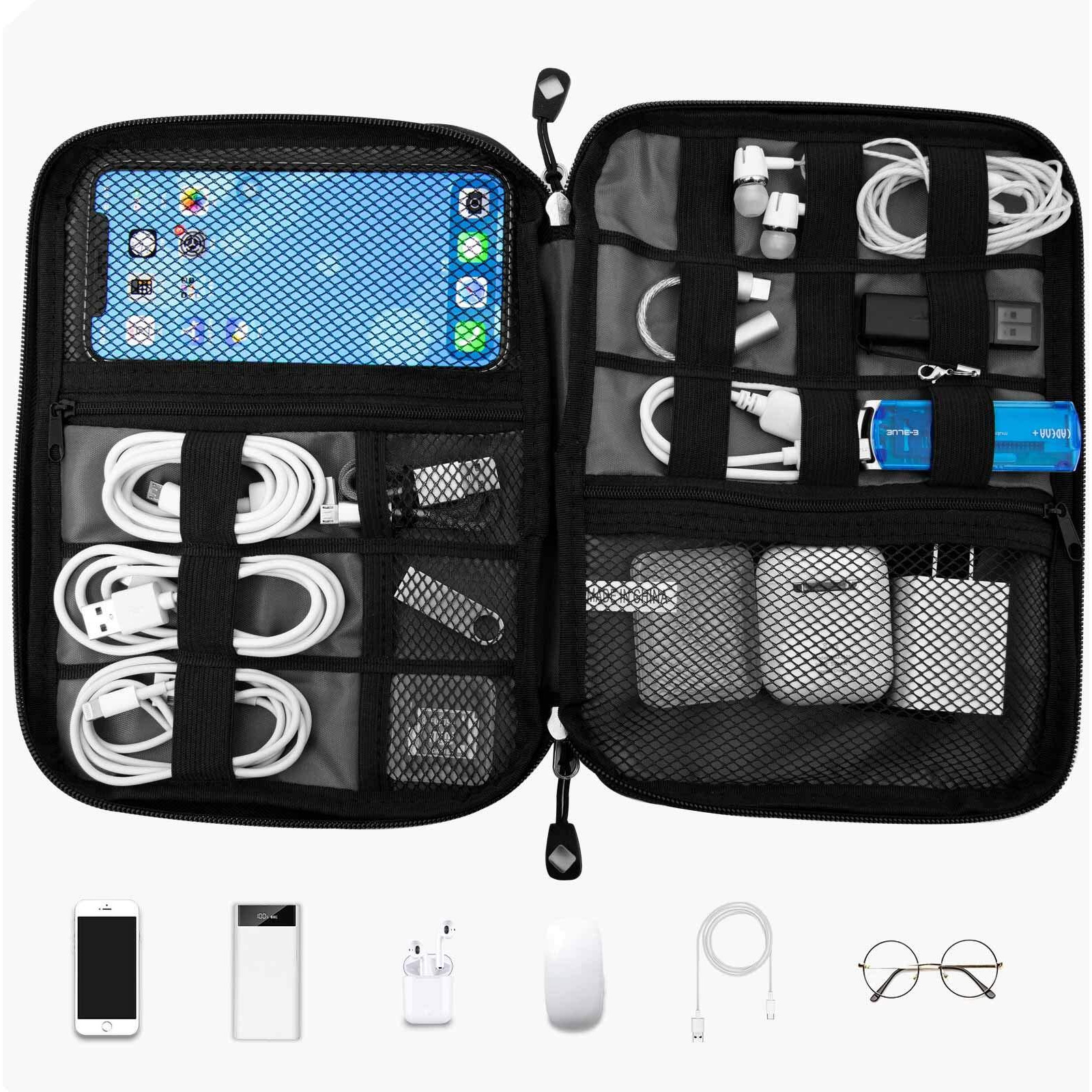 Travel Cable Organizer Bag Waterproof Portable Electronic Accessories Organizer For Usb Cable Cord Phone Charger Headset Wire Sd Card With 5Pcs Cable Ties(Black)