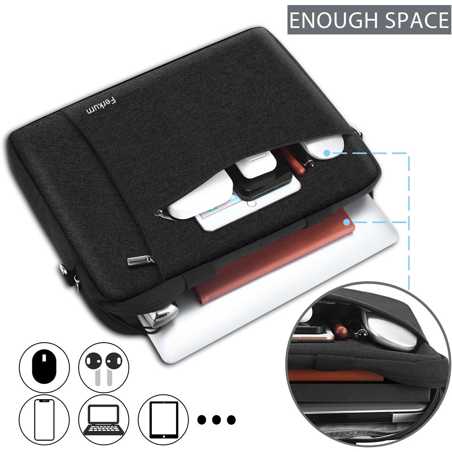 Ferkurn Laptop Bag Women Men Computer Bag For Hp Envy Pavilion Omen/Lg Gram/Msi/Dell Inspiron Xps/Lenovo Thinkpad/Asus/Acer, Shoulder Strap Carrying Briefcase Messenger Bag Case, Black, 14 Inch