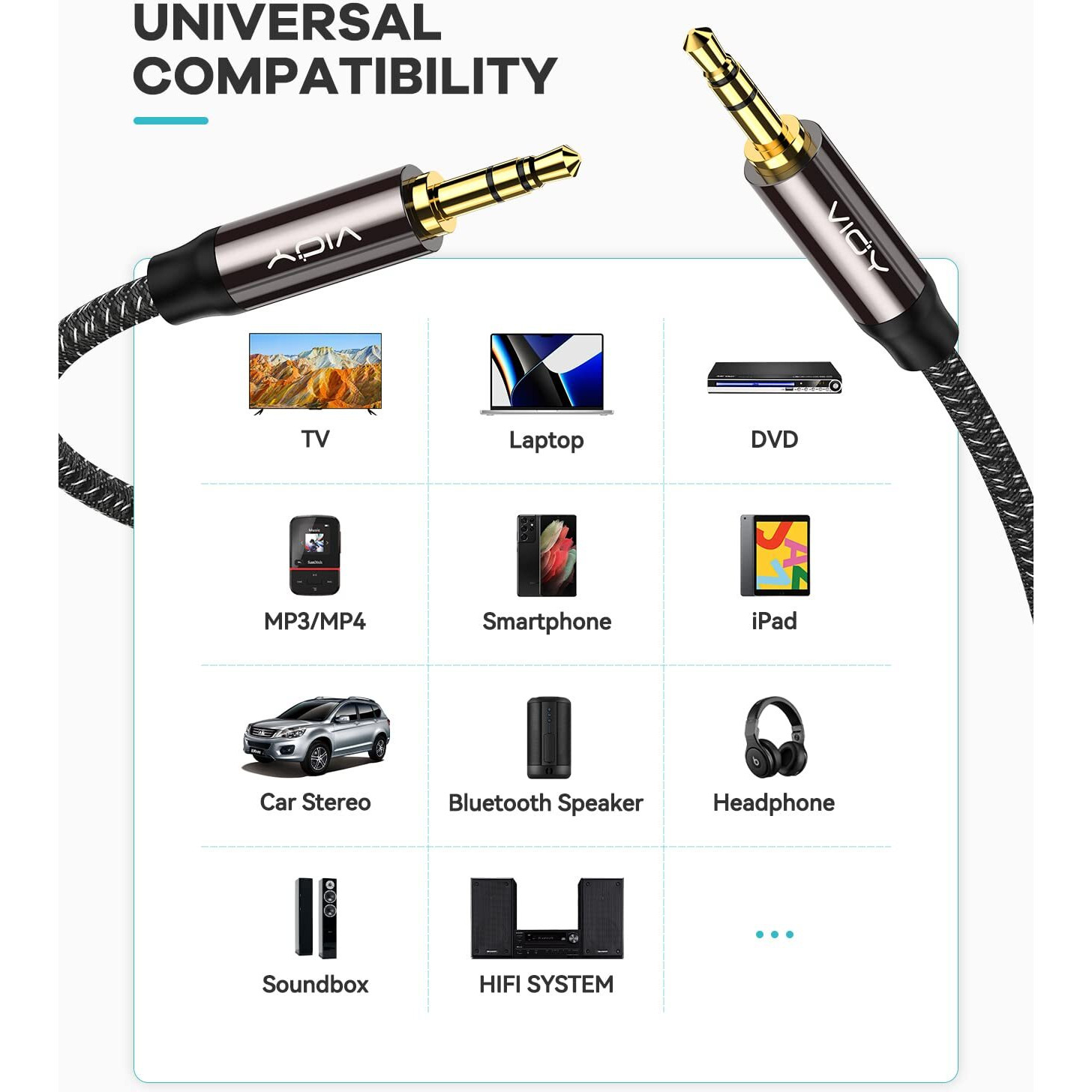 Vioy Aux Cable (30 Ft), [Copper Shell, Hi-Fi Sound] 3.5 Mm Male To Male Braided Auxiliary Cord Compatible With Headphone, Smartphone, Home/Car Stereo, Speaker, Echo & More