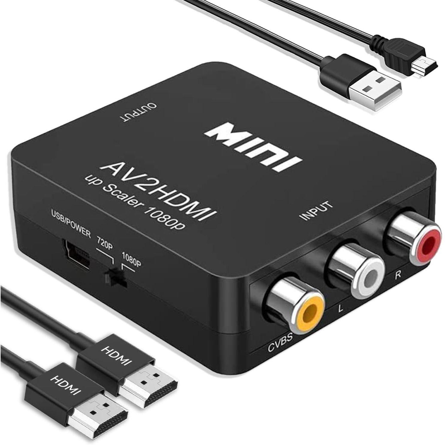 Rca To Hdmi Converter, Rca To Hdmi Adapter, 1080P Mini Rca Composite Cvbs Av To Hdmi Video Audio Converter Adapter Support Pal/Ntsc For N64 Wii Ps2 Ps3 Xbox Vhs - With Hdmi Cable