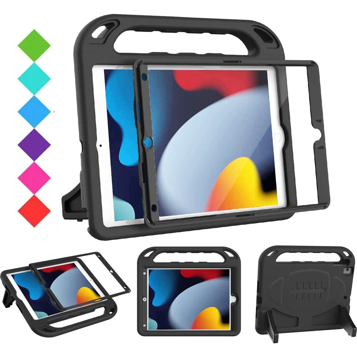 Bmouo Kids Case For Ipad 9Th/8Th/7Th Generation (2021/2020/2019), With Built-In Screen Protector, Shockproof Handle Stand Kids Ipad 10.2 Case, Black