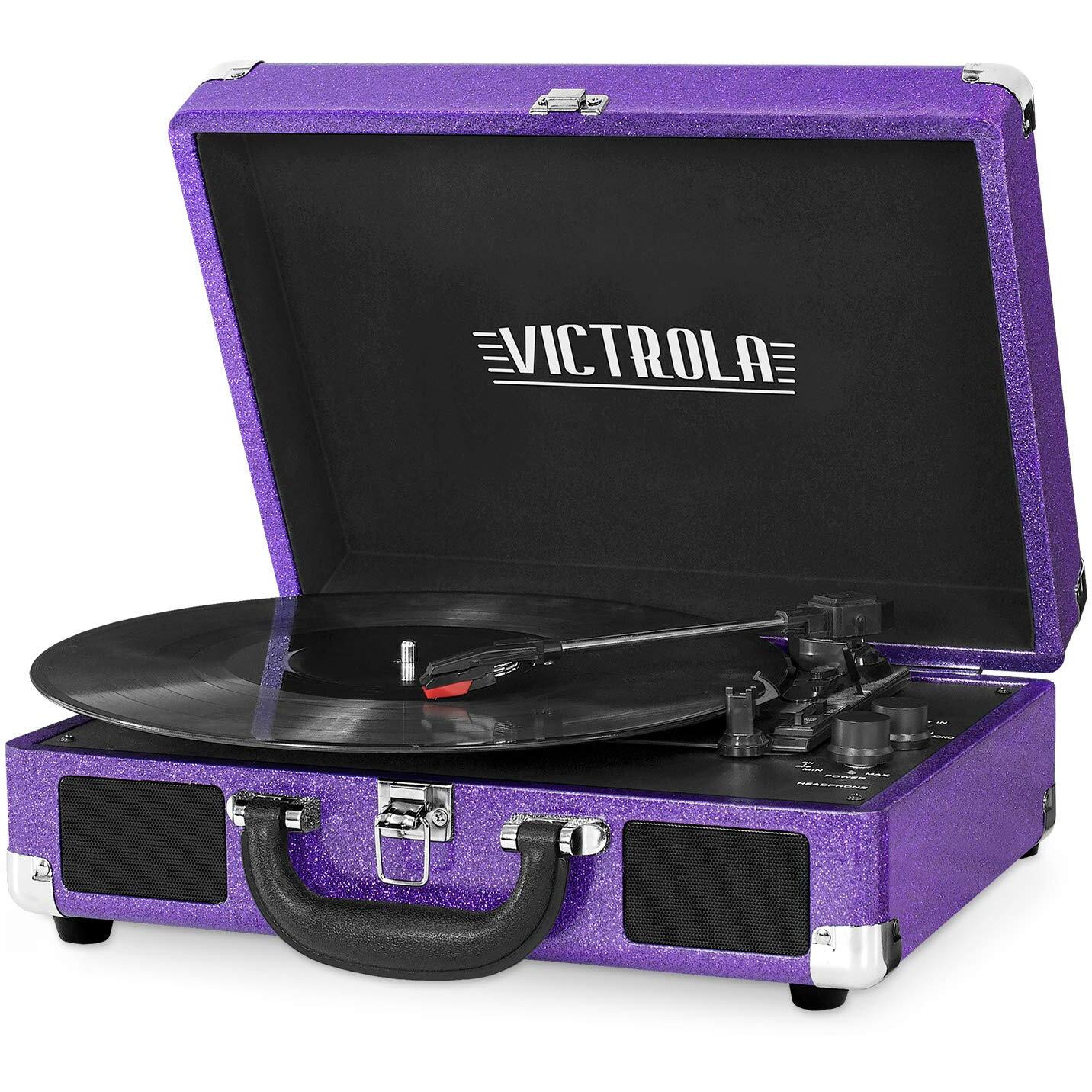 Victrola Vintage 3-Speed Bluetooth Portable Suitcase Record Player With Built-In Speakers | Upgraded Turntable Audio Sound|Purple Glitter, Model Number Vsc-550Bt-Gpr