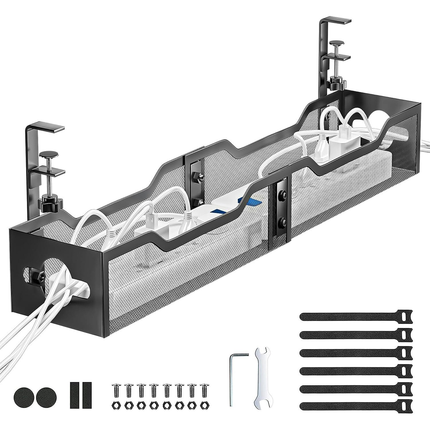 Under Desk Cable Management Tray, Litwaro Cable Management Under Desk No Drill, 25'' Metal Cable Tray With Clamp For Desk Wire Management, Desk Cord Organizer - No Damage To Desk