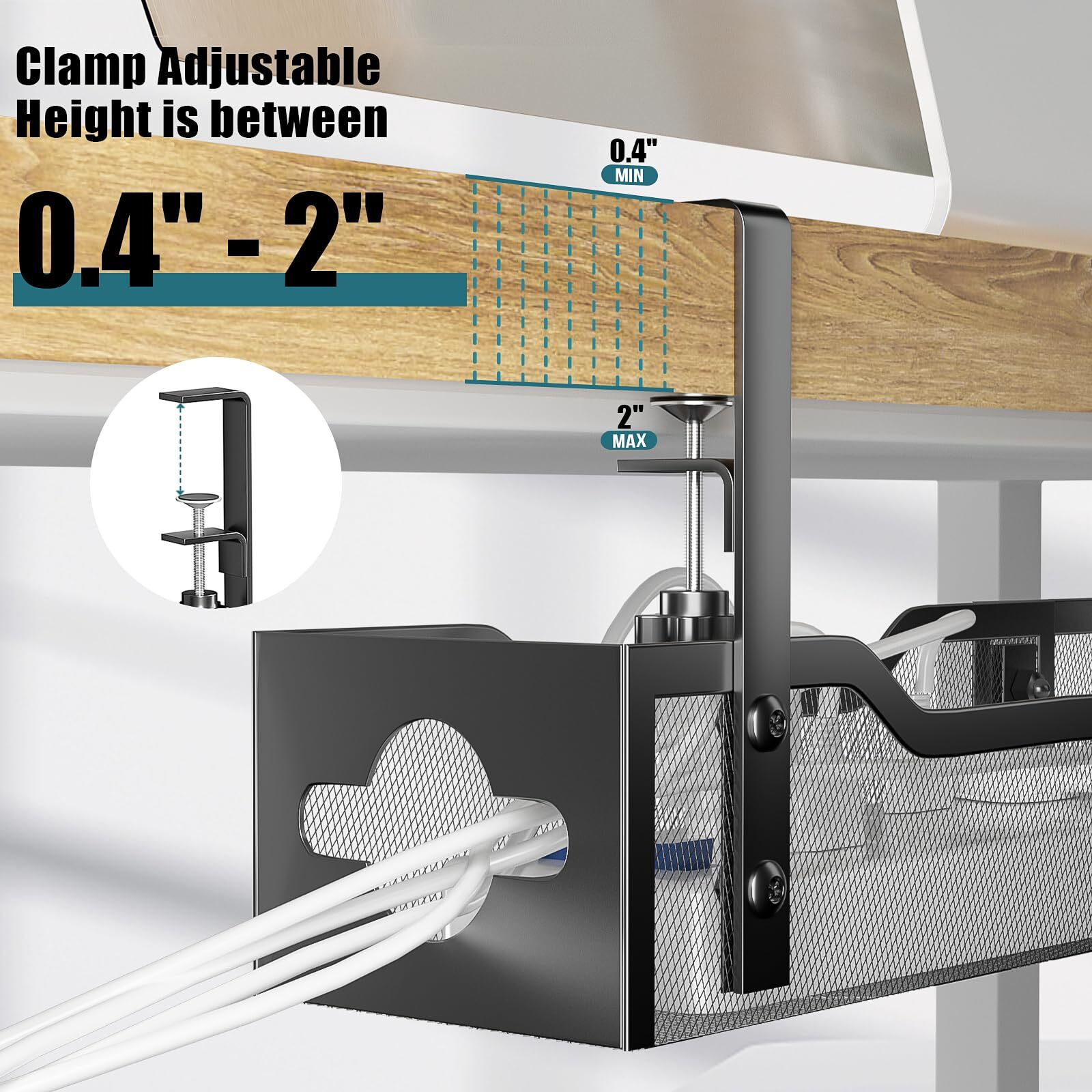 Under Desk Cable Management Tray, Litwaro Cable Management Under Desk No Drill, 25'' Metal Cable Tray With Clamp For Desk Wire Management, Desk Cord Organizer - No Damage To Desk
