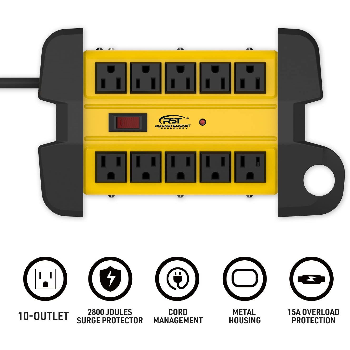 Crst Heavy Duty Surge Protector Power Strip 10-Outlet Metal Industrial Power Strip With 2800 Joules, 15A Circuit Breaker, 14 Gague 6Ft Extension Cord For Workshop, Garage, Office, School