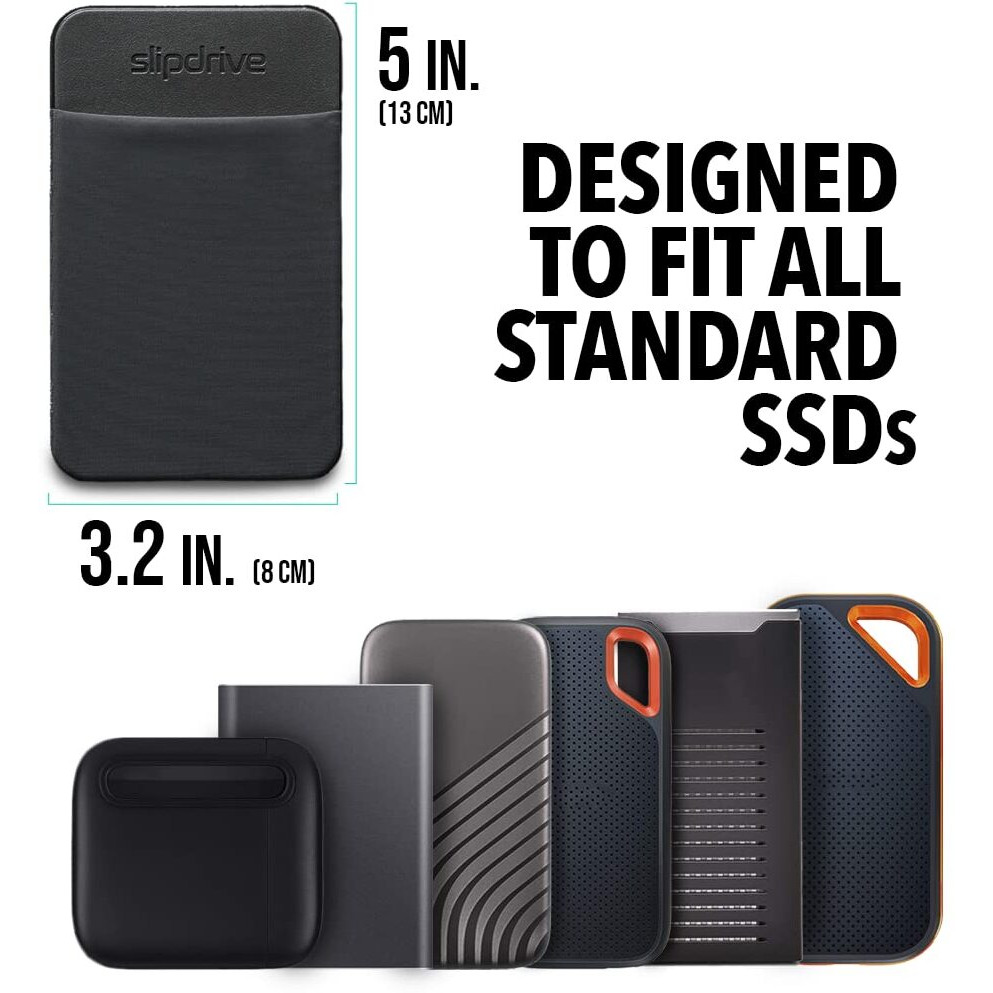 Slipdrive - Portable Hard Drive Sleeve For Laptop - Ssd Solid State Drive - Reusable Adhesive - Stick On External Hard Drive Carrying Case - Pocket Pouch (Small, Black)