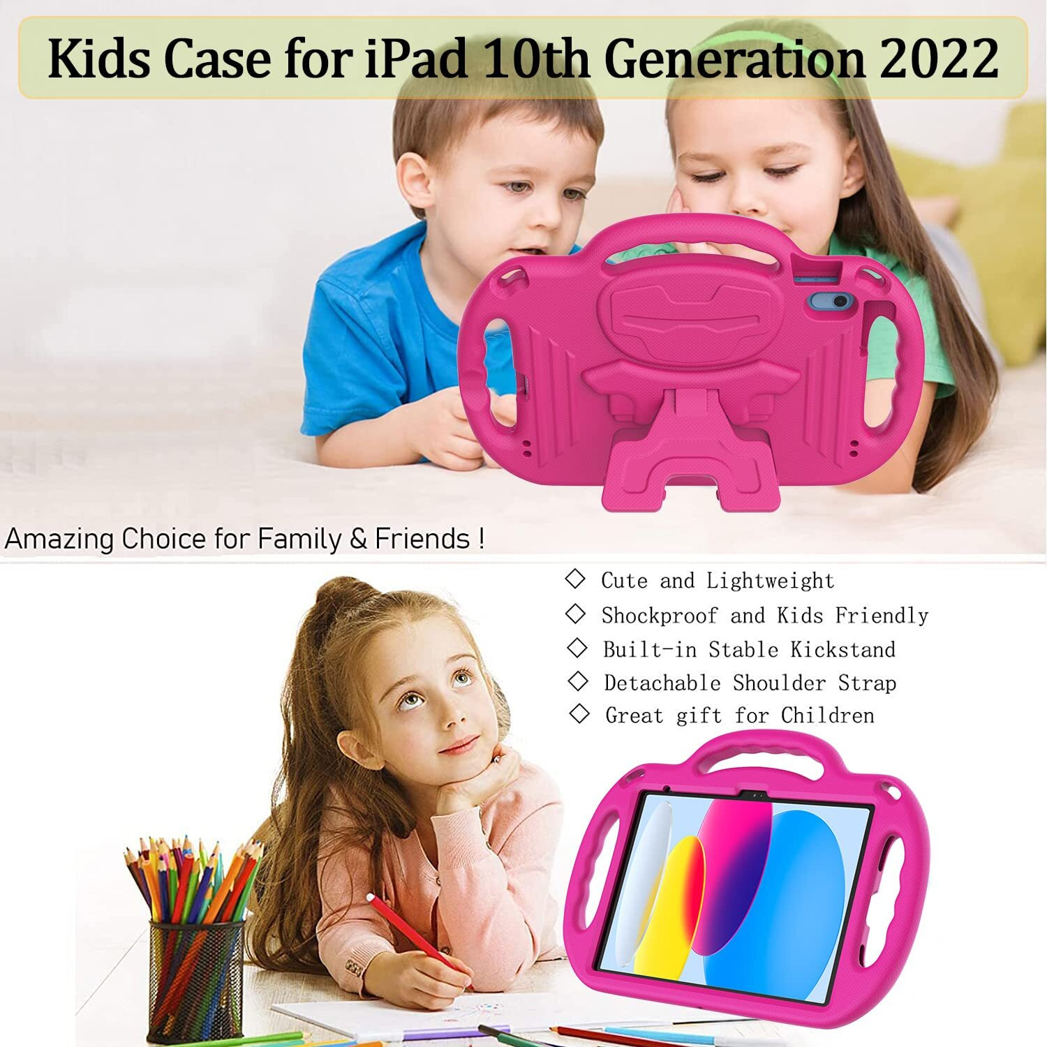 Ltrop Kids Ipad 10.9 Case With Shoulder Strap, Shockproof, Durable, Protective, Vibrant Hot Pink, Perfect For 2022 Ipad 10Th Generation