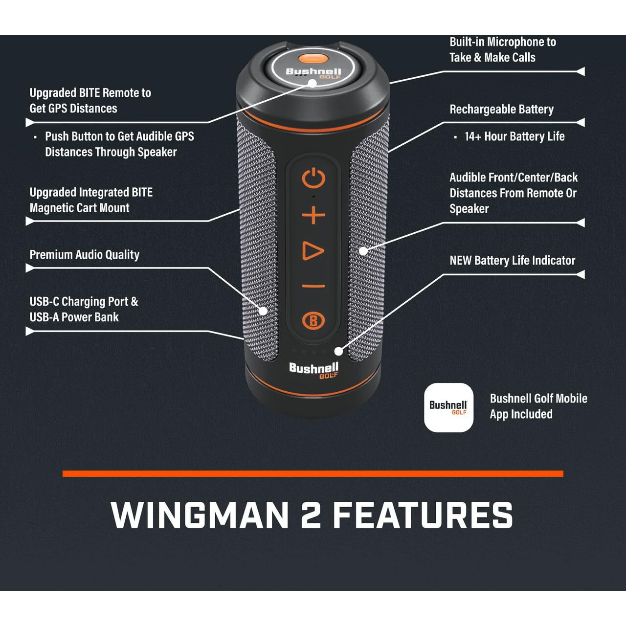 Bushnell Wingman 2 Golf Speaker With Gps (2024) | Remote Controlled Voice Gps Distances, Music, 40,000+ Courses, Bite Magnetic Cart Mount - Bundle With Playbetter Protective Wingman Pouch