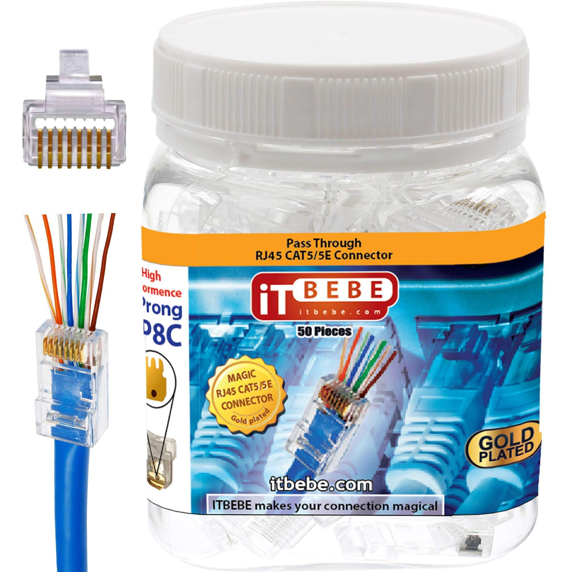 Itbebe Gold Plated Rj45 Cat5, Cat5E 8P8C 50 Pieces Pass Through 3 Micron 3U 3 Prong Premium Connectors