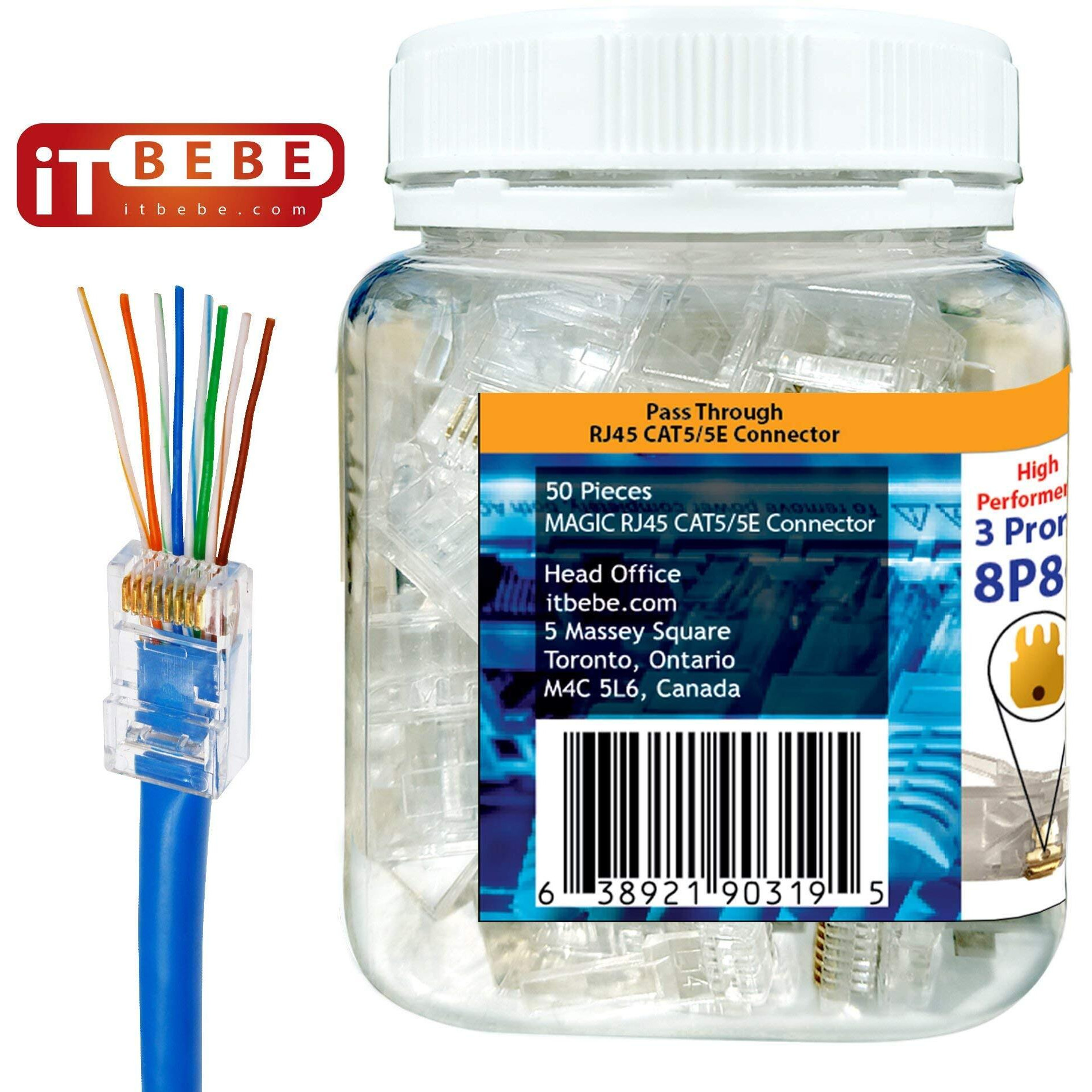 Itbebe Gold Plated Rj45 Cat5, Cat5E 8P8C 50 Pieces Pass Through 3 Micron 3U 3 Prong Premium Connectors