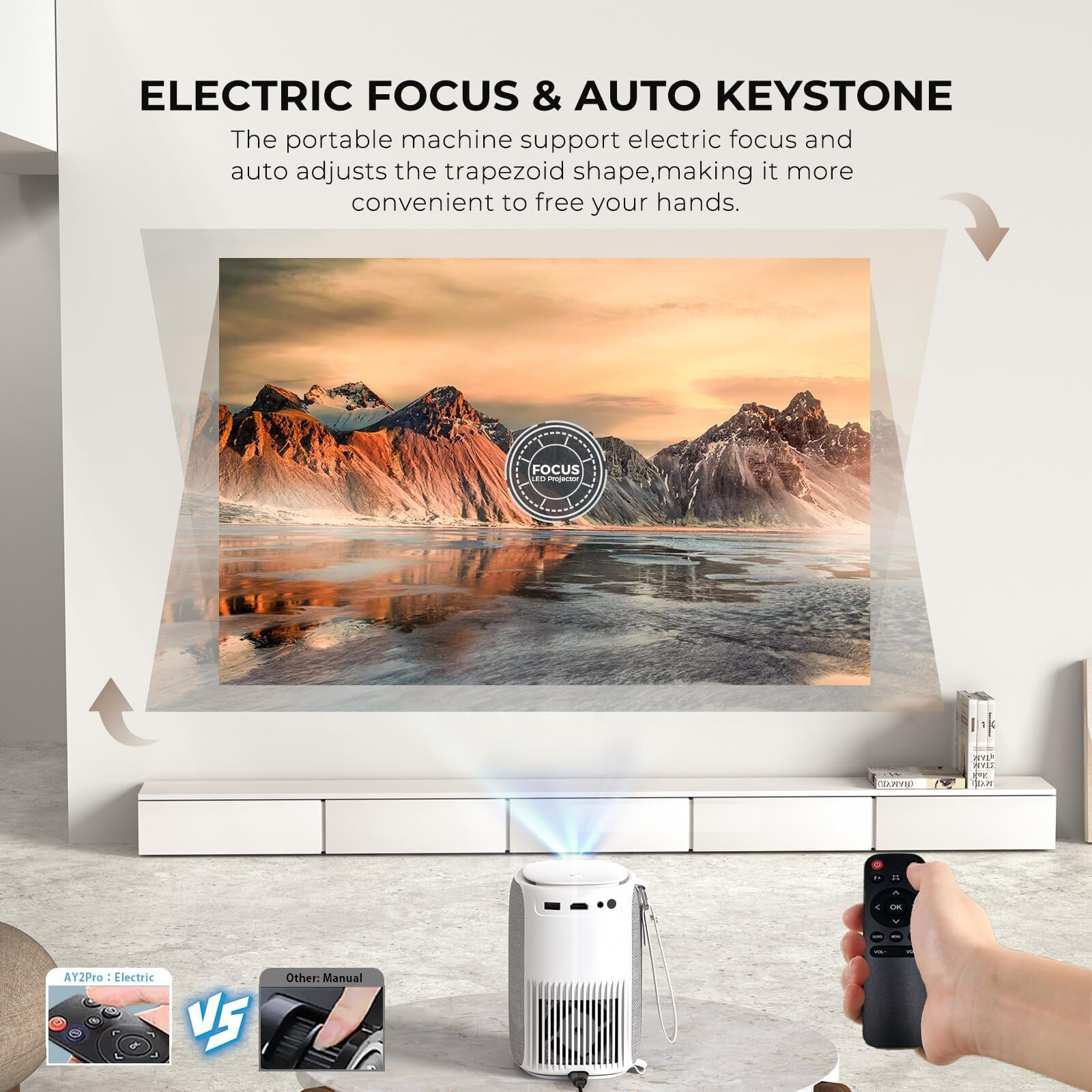[Ultra Low Noise & Lens Cap-Dustproof] Mini Projector With Wifi And Bluetooth, Onoayo Givingyou Ay2Pro Portable Projector 550 Ansi, Electric Focus & Auto Keystone,Outdoor Projector For Phone/Laptop