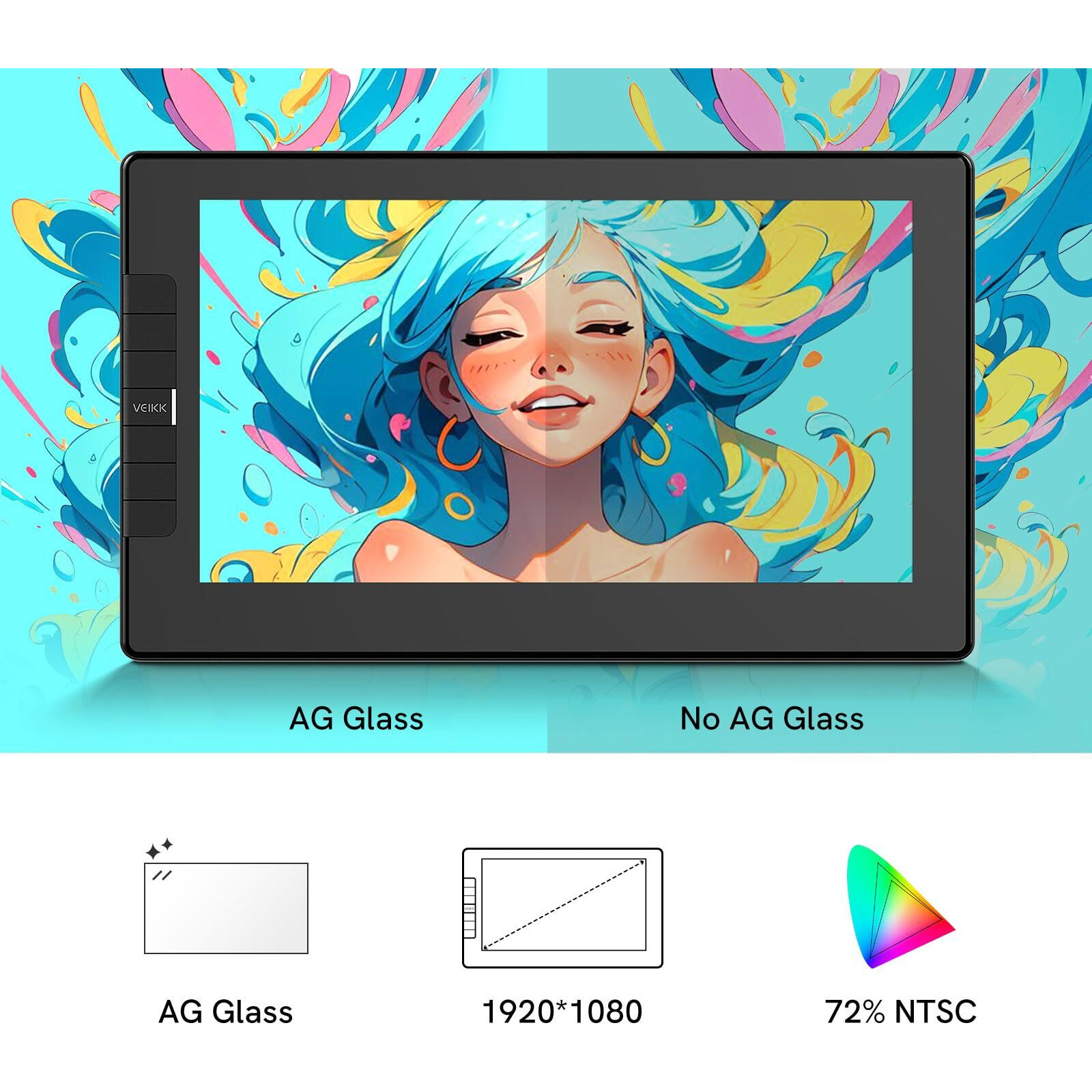 Drawing Tablet With Screen Veikk Vk1200 11.6 Inch Full-Laminated Drawing Monitor With 6 Shortcut Keys And 8192 Levels Battery Free Stylus Pen, For Pc/Mac/Linux/Windows(120% Srgb)