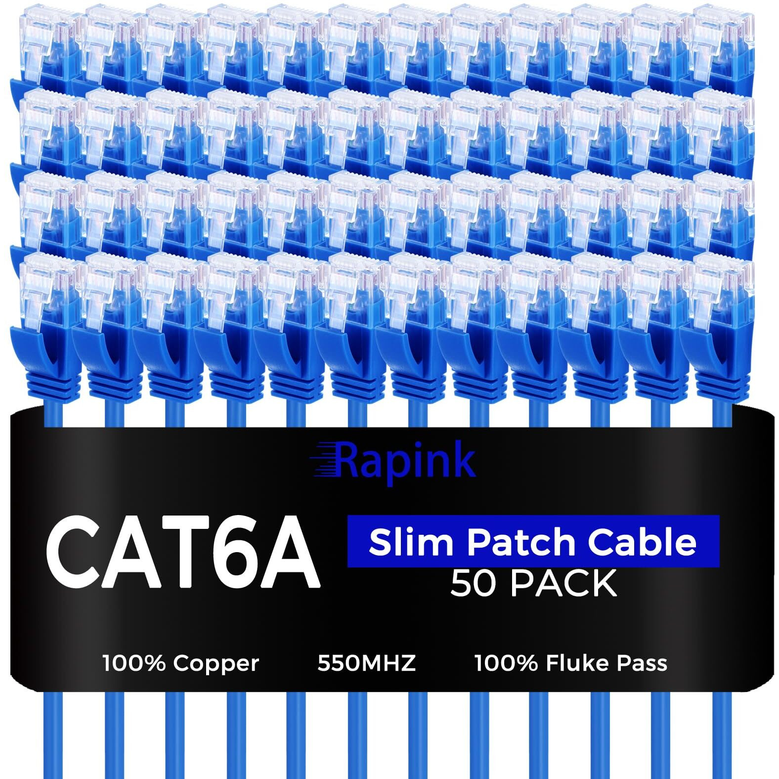 Rapink Patch Cables Cat6A 1Ft (50 Pack) Slim, Cat6A Ethernet Patch Cable 10G Support, Snagless Cat 6 Patch Cable For Patch Panel To Switch, Flexiable Cat 6A Ethernet Cable With Gold Plated
