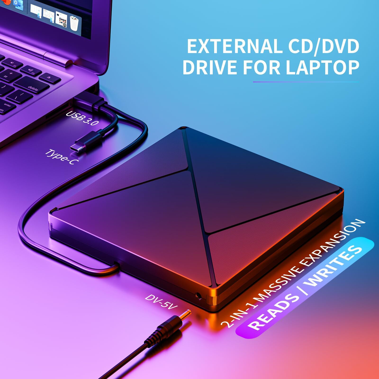 Dvd Player For Laptop, External Cd Drive For Mac, Usb 3.0 Usb C Portable Cd Burner External Disk Drive, Dvd Reader Writer Rom Drive Compatible With Laptop Desktop Mac,Windows 11/10/8/7 Linux
