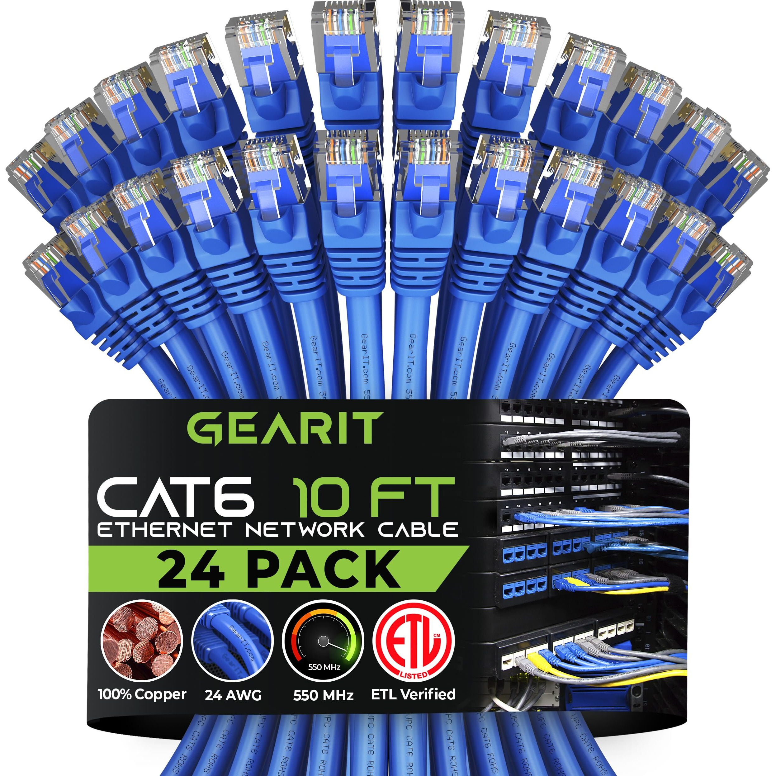 Gearit 24-Pack, Cat 6 Ethernet Cable Cat6 Snagless Patch 10 Feet - Snagless Rj45 Computer Lan Network Cord, Blue - Compatible With 24 48 Port Switch Poe Rackmount 24Port Gigabit