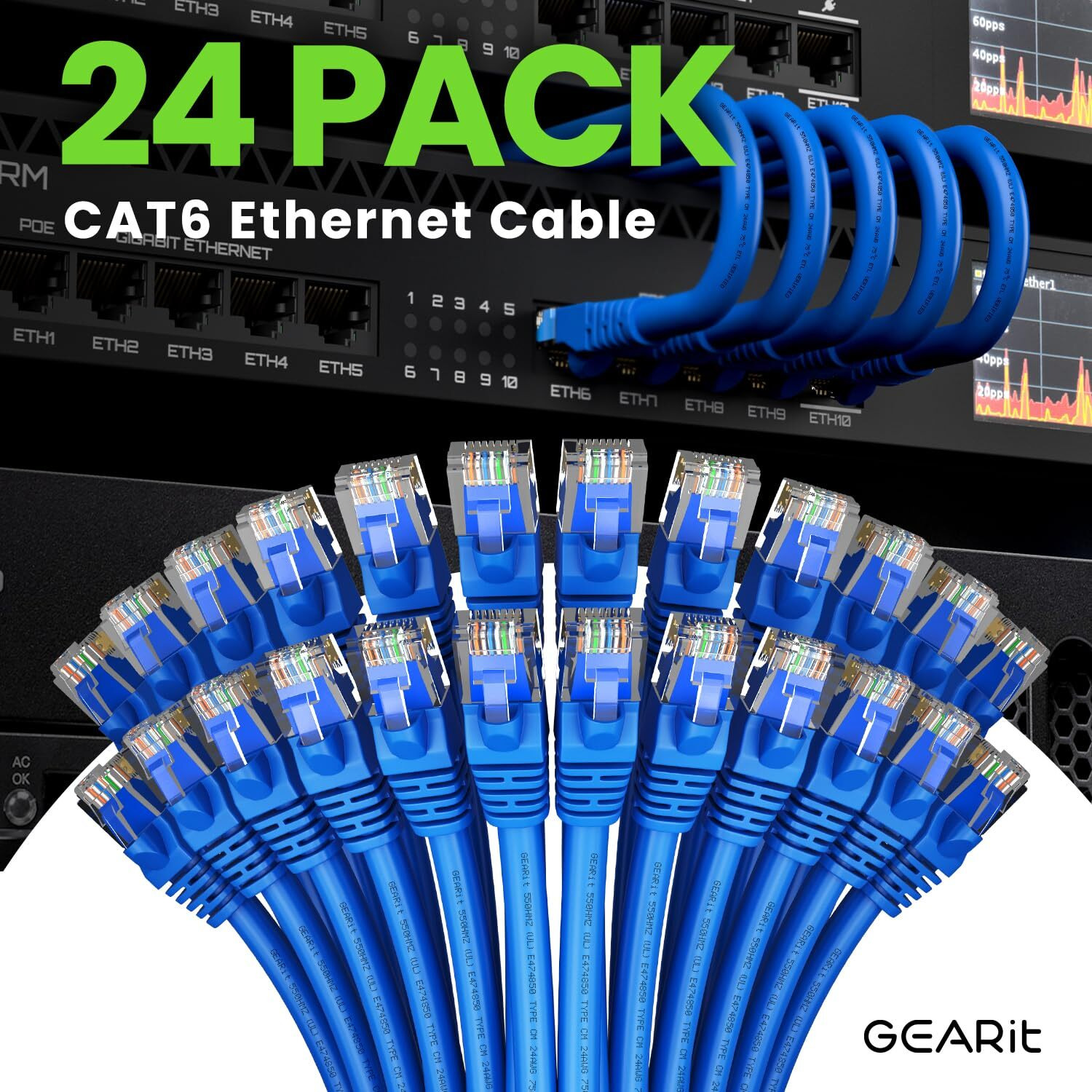 Gearit 24-Pack, Cat 6 Ethernet Cable Cat6 Snagless Patch 10 Feet - Snagless Rj45 Computer Lan Network Cord, Blue - Compatible With 24 48 Port Switch Poe Rackmount 24Port Gigabit