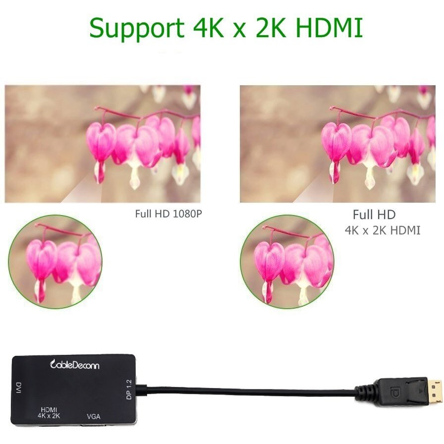 Cabledeconn Displayport 1.2 To Hdmi 4K Dvi Vga 3 In 1 Multi-Function Cable Adapter Converter