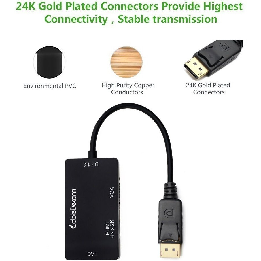 Cabledeconn Displayport 1.2 To Hdmi 4K Dvi Vga 3 In 1 Multi-Function Cable Adapter Converter