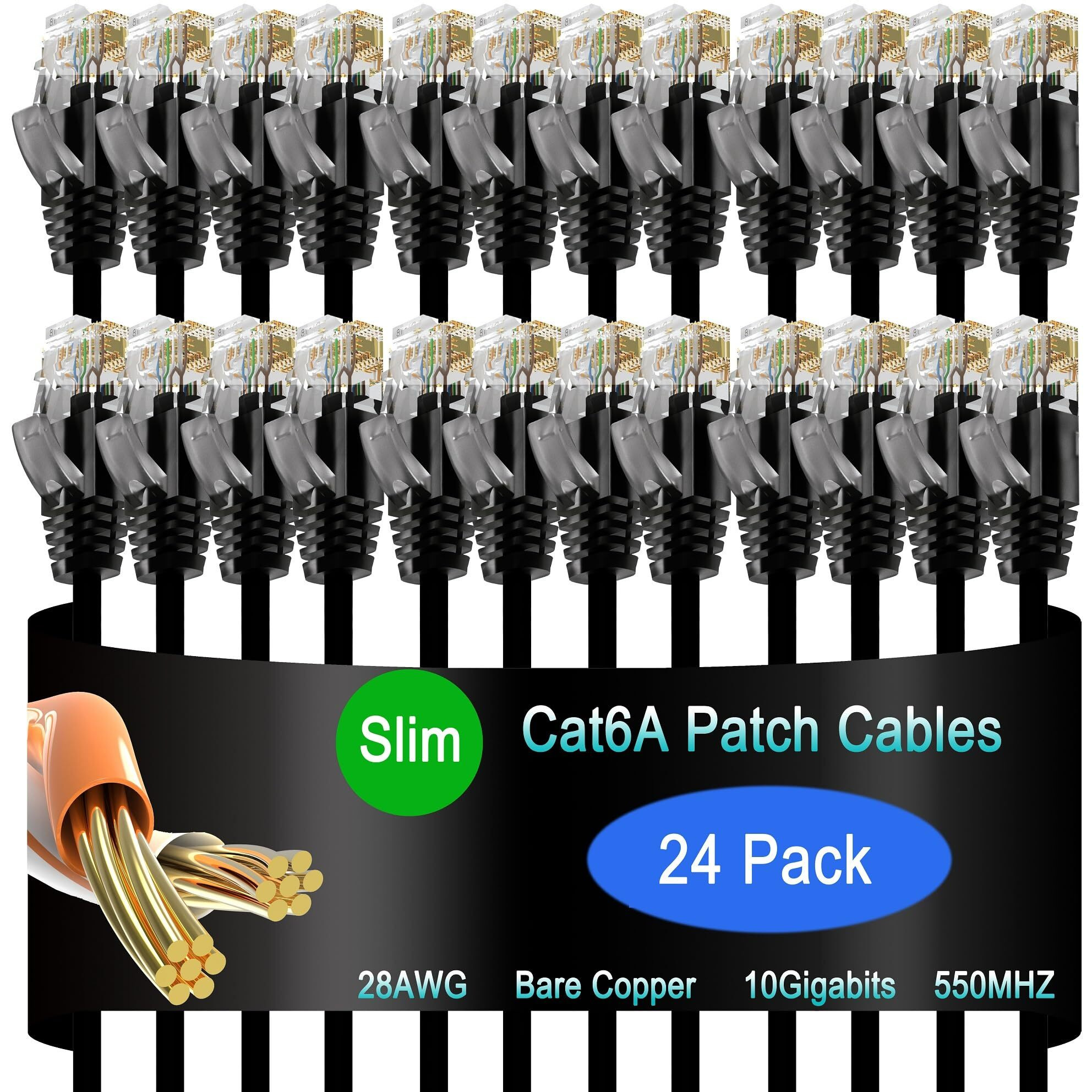 Lysymixs Cat6A Slim Ethernet Patch Cable 1 Ft (24 Pack), Cat6A Patch Cable For Data Centers, Cat 6 Patch Cable 10G, Network Patch Cables For Home And Enterprise Network -Black