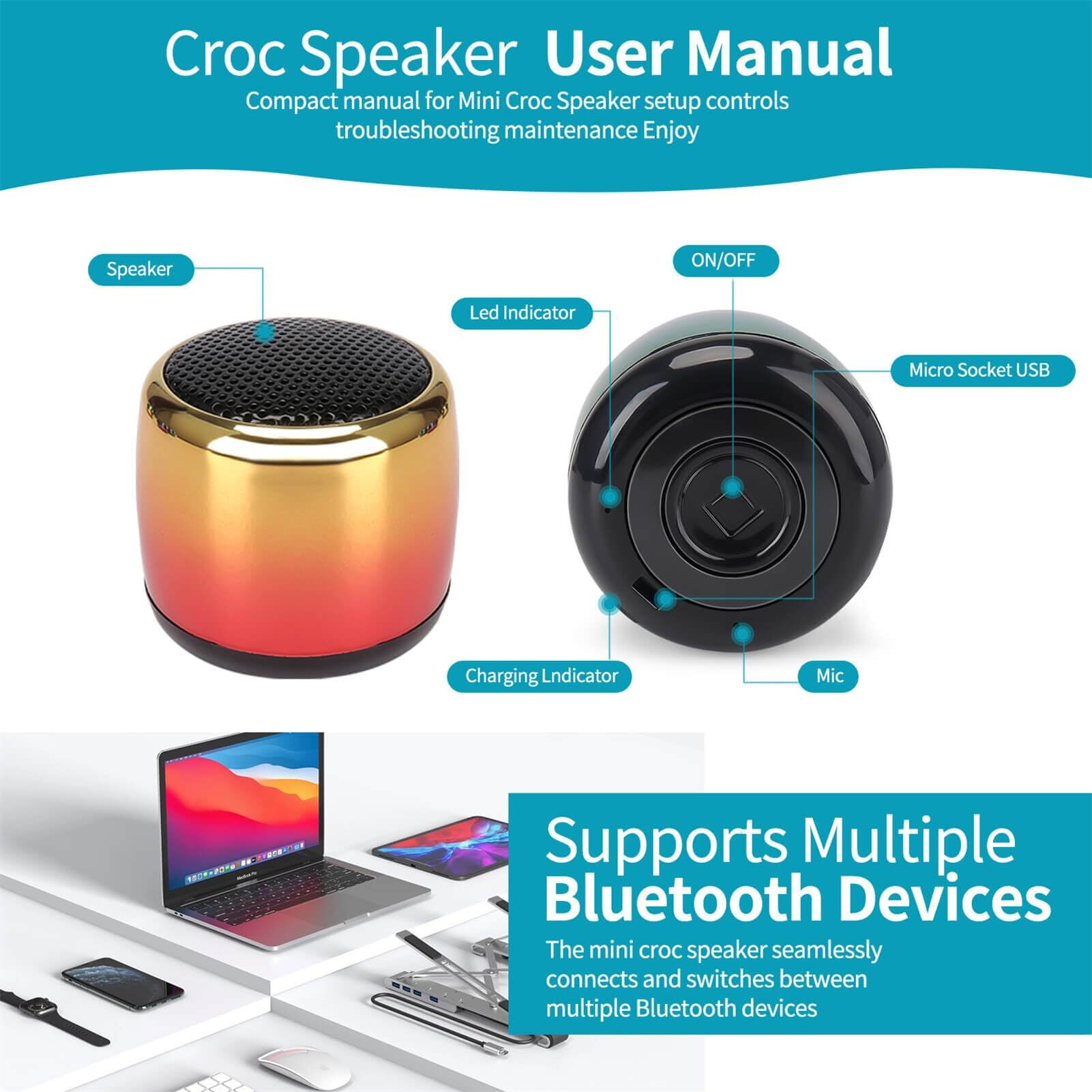 Uueenn Croc Speaker, Mini Speaker For Croc, Halloween Mini Speaker, Bluetooth Croc Charm, Red-Yellow Fade