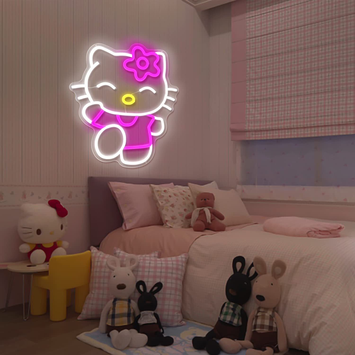 Hello Kit Neon Sign Dimmable Kitty Neon Sign Kawaii Cat Anime Neon Sign Kitty Room Decor Lights For Girl's Room Child Bedroom Birthday Halloween Christmas Gift 14.7X12.5