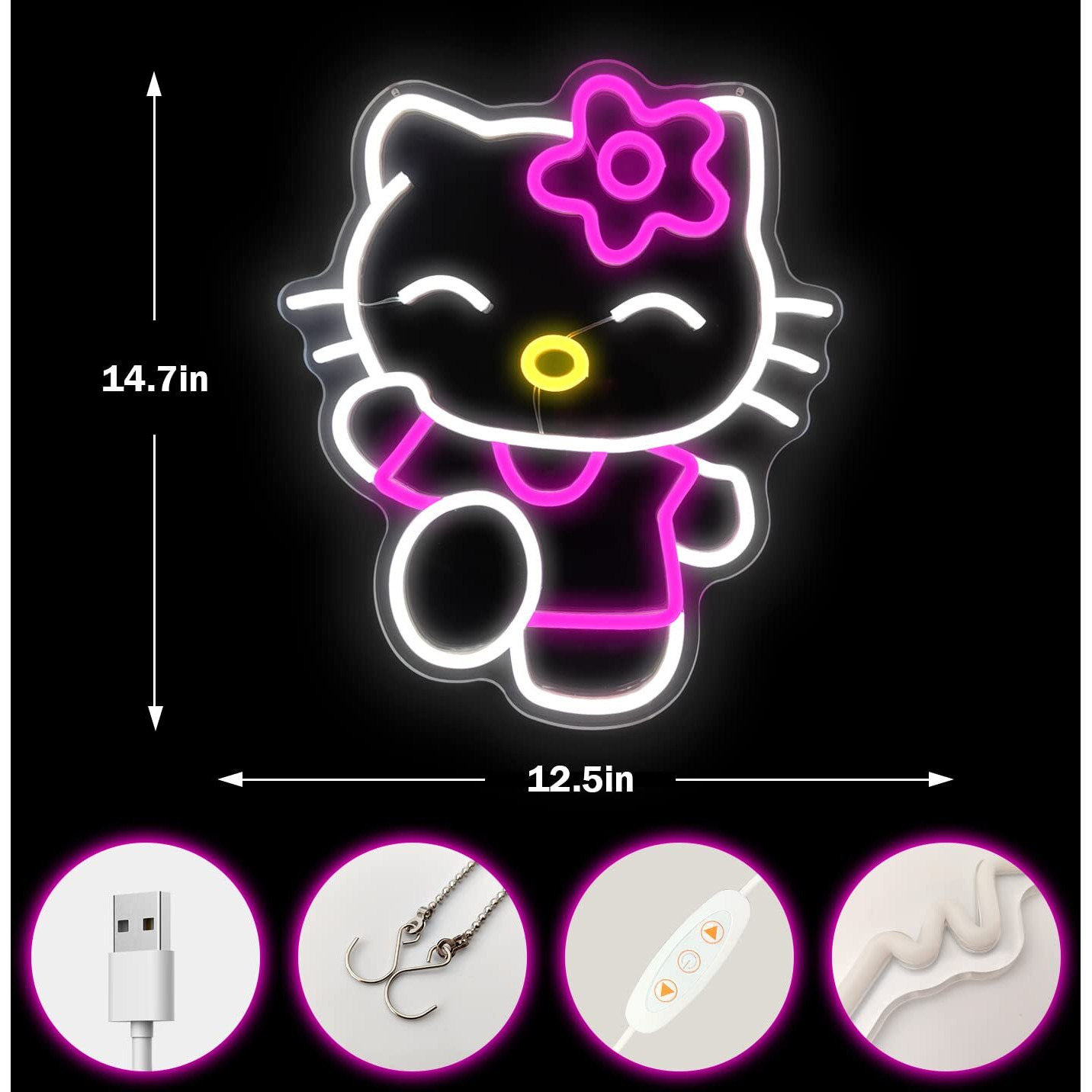 Hello Kit Neon Sign Dimmable Kitty Neon Sign Kawaii Cat Anime Neon Sign Kitty Room Decor Lights For Girl's Room Child Bedroom Birthday Halloween Christmas Gift 14.7X12.5