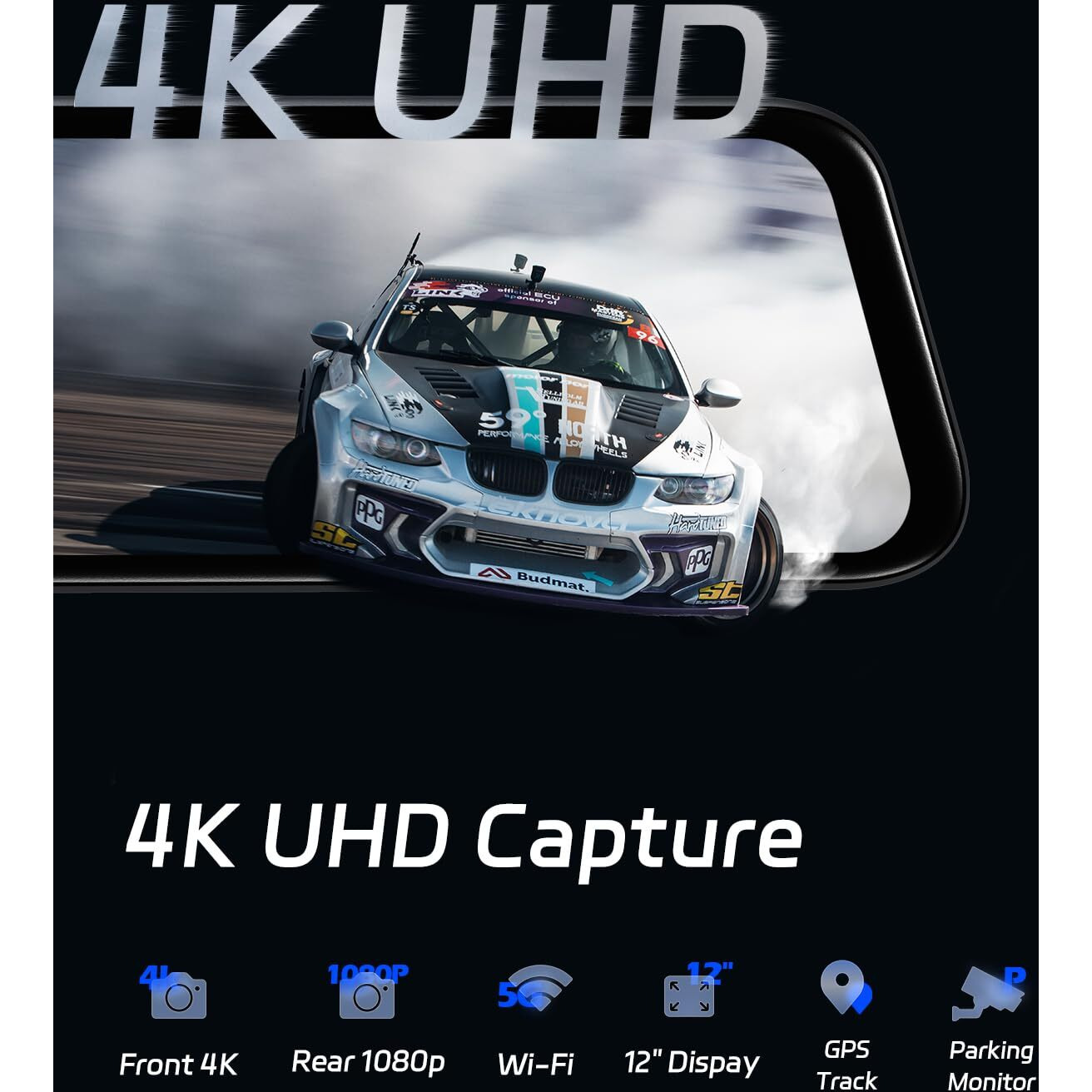 Pelsee P12 Plus 4K Wifi Rear View Mirror Camera, 12" Mirror Dash Cam Front And Rear, Backup Camera For Car, 64Gb Card & Gps Included, Smart Driving System Adas/Bsd/Lca, Enhanced Night Vision