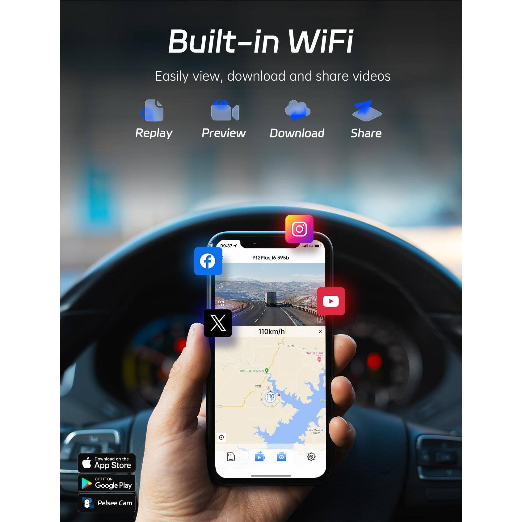 Pelsee P12 Plus 4K Wifi Rear View Mirror Camera, 12" Mirror Dash Cam Front And Rear, Backup Camera For Car, 64Gb Card & Gps Included, Smart Driving System Adas/Bsd/Lca, Enhanced Night Vision