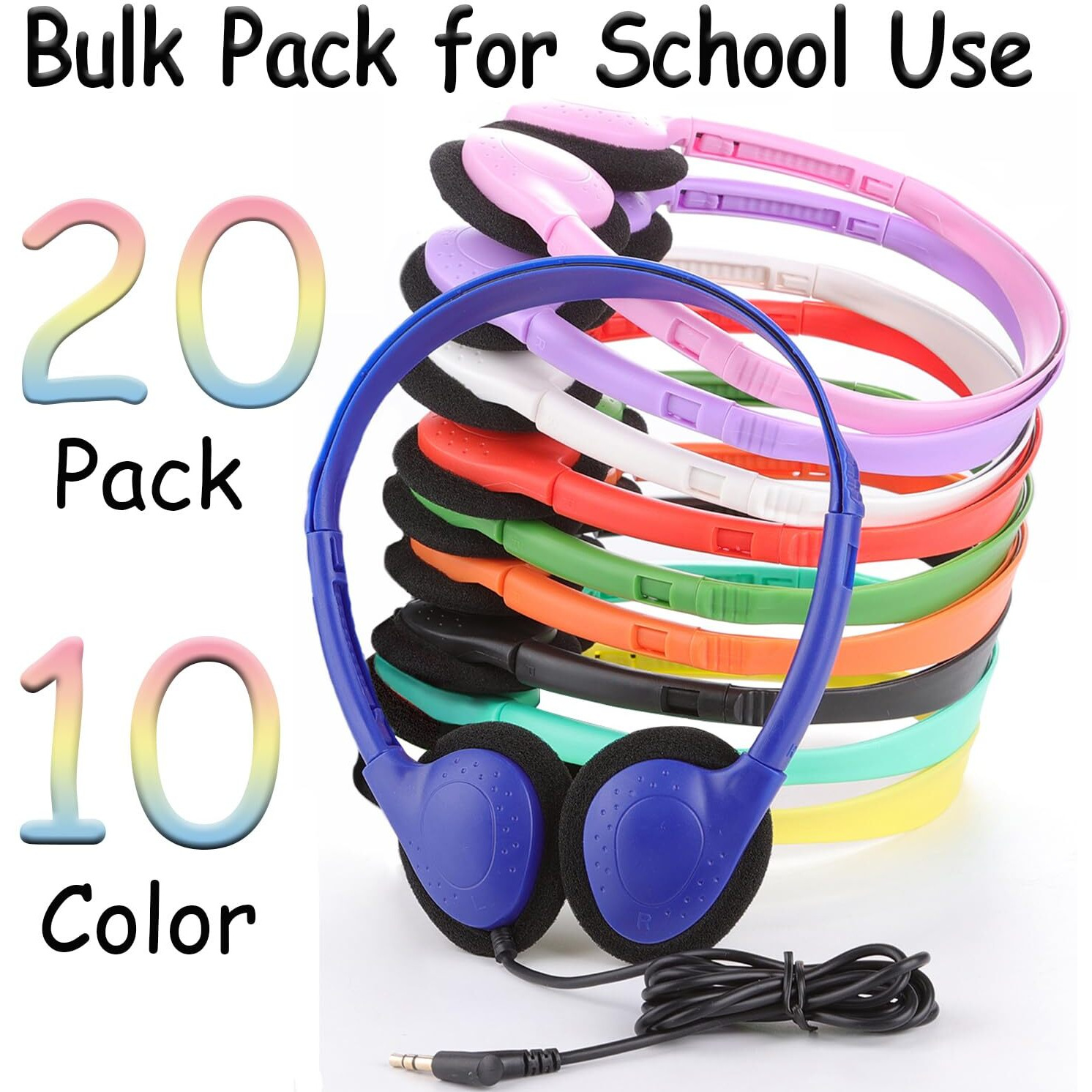 Ladont 20 Pack Bulk Classroom Headphones For Students Kids School, Wholesale Headphones Class Set With 3.5Mm Jack For Chromebook Laptop Pc Computer(10 Mixed Colors)
