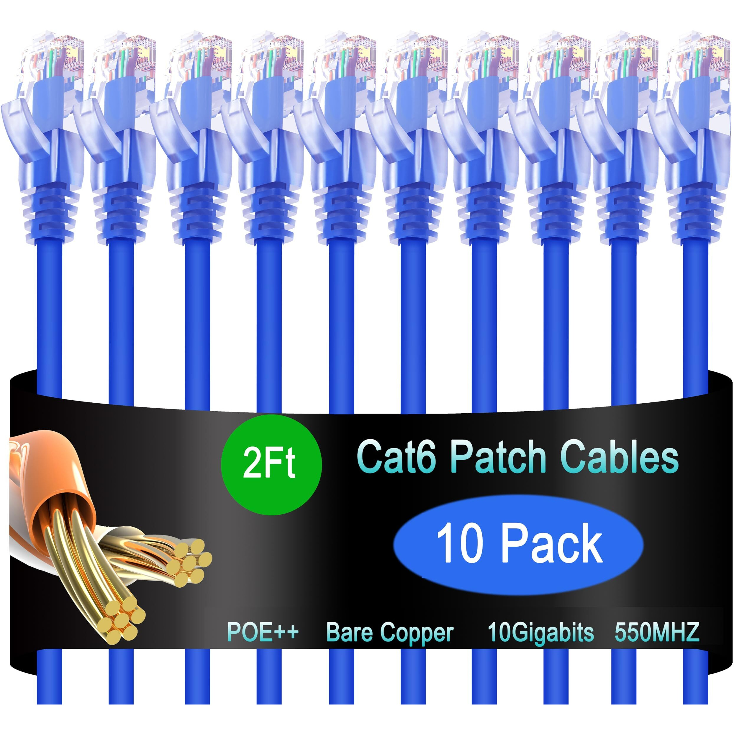 Lysymixs Cat6 Ethernet Patch Cable 2 Ft (10 Pack), Cat6 Patch Cable For Data Centers, Cat 6 Patch Cable 10G, Network Patch Cables For Home And Enterprise Network -Blue