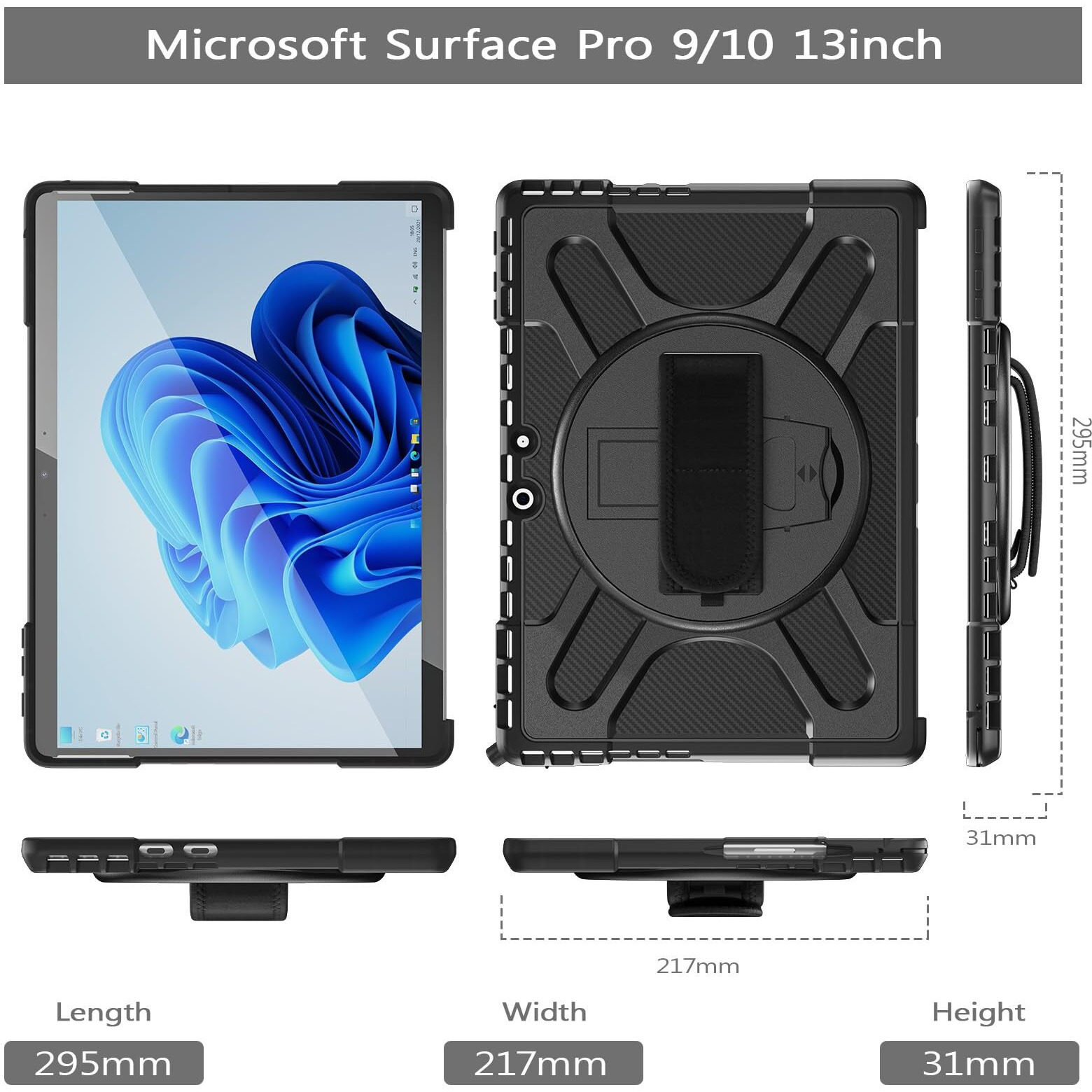 Rantice Compatible With Microsoft Surface Pro 9/10/11 Case 13 Inch, Heavy Duty Rugged Shockproof Drop Protection Case With 360 Rotating Stand,Hand Strap Compatible With Type Cover Keyboard (Black)