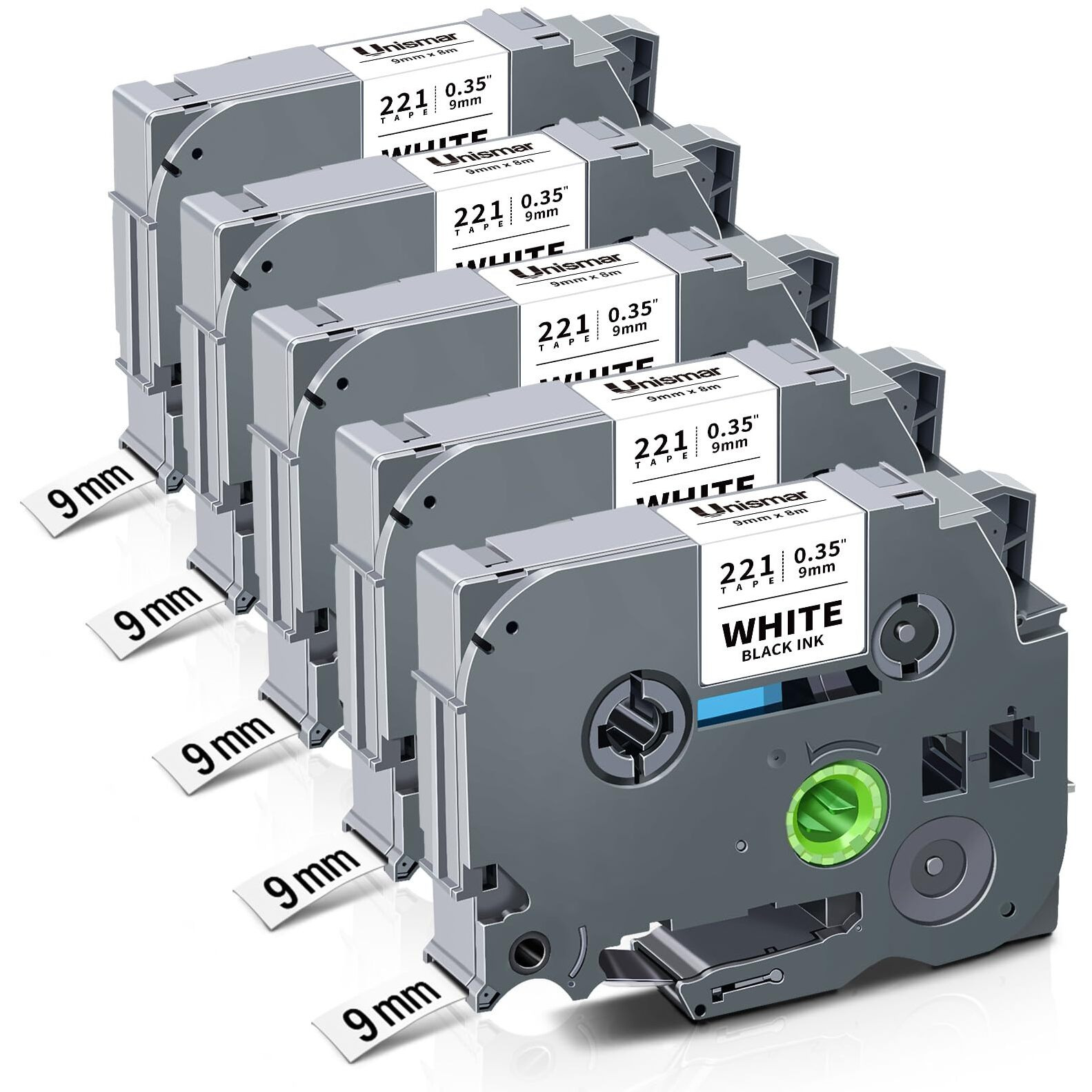 Unismar Tze 9Mm 0.35'' Laminated White Compatible For Brother Tze-221 Tz-221 Tze221 Label Tape For Ptouch Ptd210 Ptd220 Ptd200 Pth110 Pth100 Ptd400 Ptd600 Pt1280, Black On White 3/8'' X 26.2Ft, 5-Pack