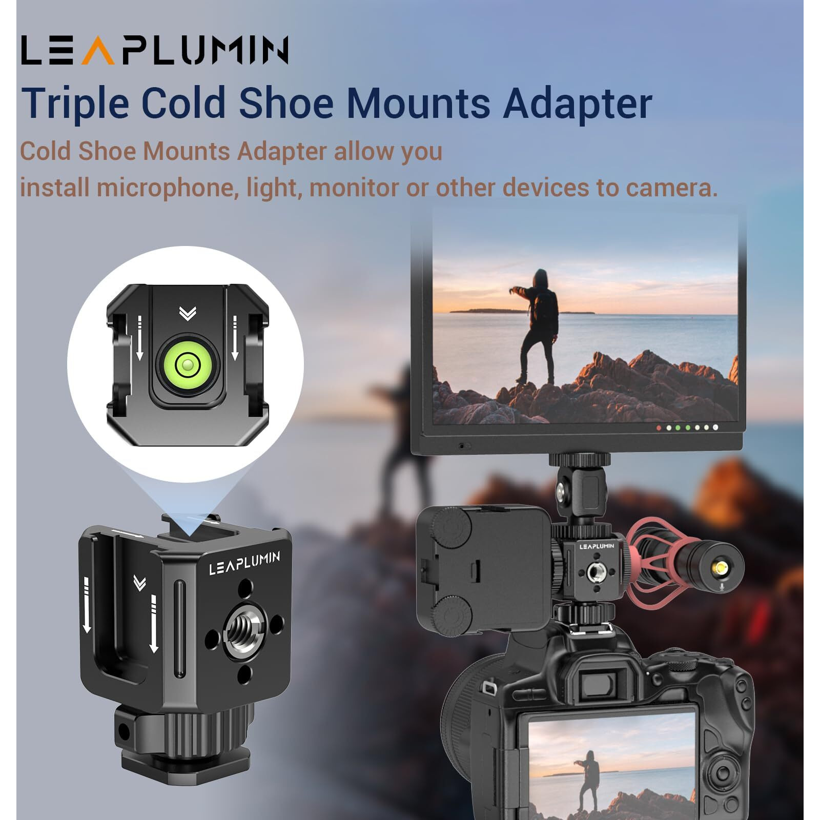 Leaplumin Triple Cold Shoe Mounts Adapter, 3/8'' Screw Hole To 1/4'' Screw Hole, Aluminum Alloy Hot Shoe Extension Bracke For Dslr Camera Flash Light, Monitor, Microphone-Black