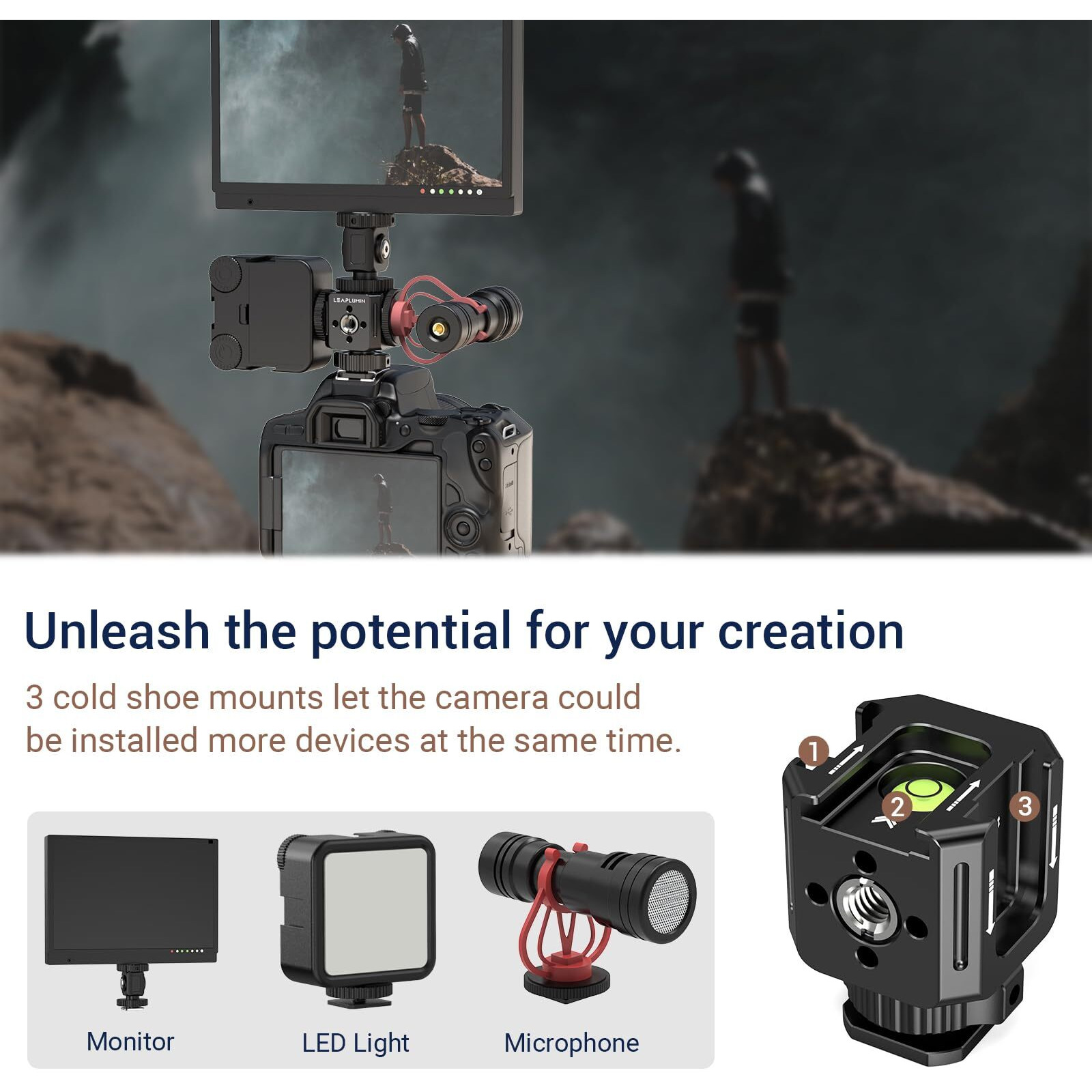 Leaplumin Triple Cold Shoe Mounts Adapter, 3/8'' Screw Hole To 1/4'' Screw Hole, Aluminum Alloy Hot Shoe Extension Bracke For Dslr Camera Flash Light, Monitor, Microphone-Black